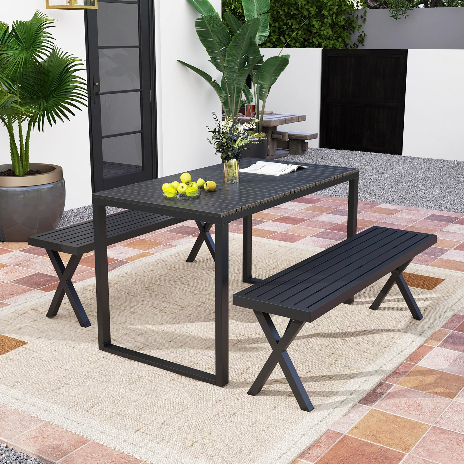 COSTWAY Gartenbank Metall wetterfest, 3-Sitzer Sitzbank ohne Rückenlehne, Balkonbank, Parkbank, Metallbank bis 360 kg belastbar, Terrassenbank für Garten, Balkon, Terrasse, 138 x 36 x 46 cm