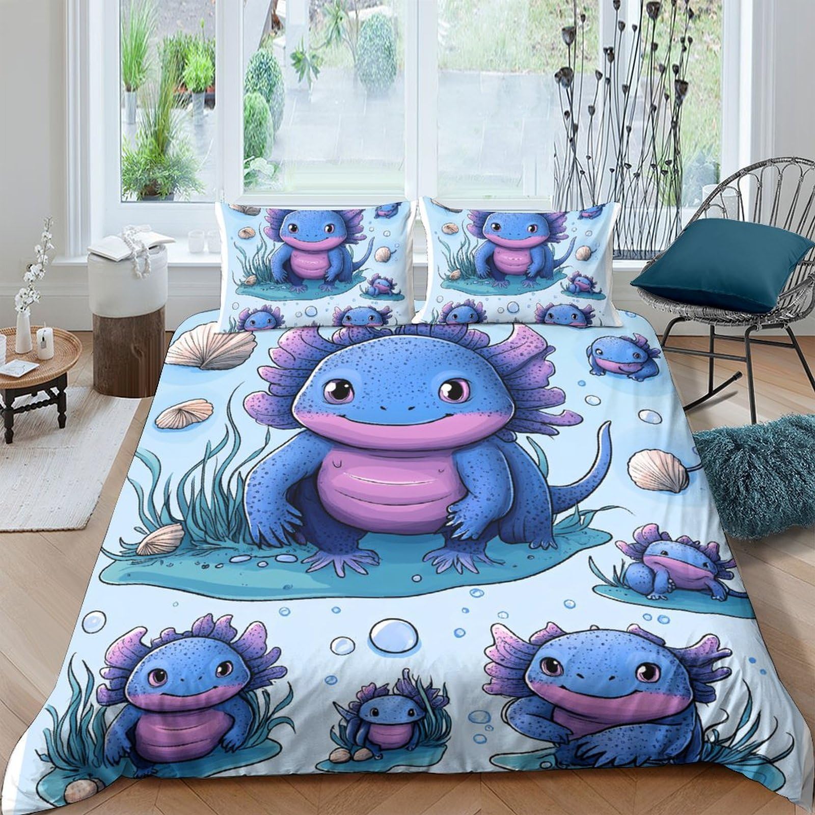 Ctjqhvkz Style-4 3D Printed Cute Axolotl Fitted Sheet Microfiber Soft Blue Cartoon Animal Bed Sheet For Bedroom Dorm Decor Single（135X200cm）