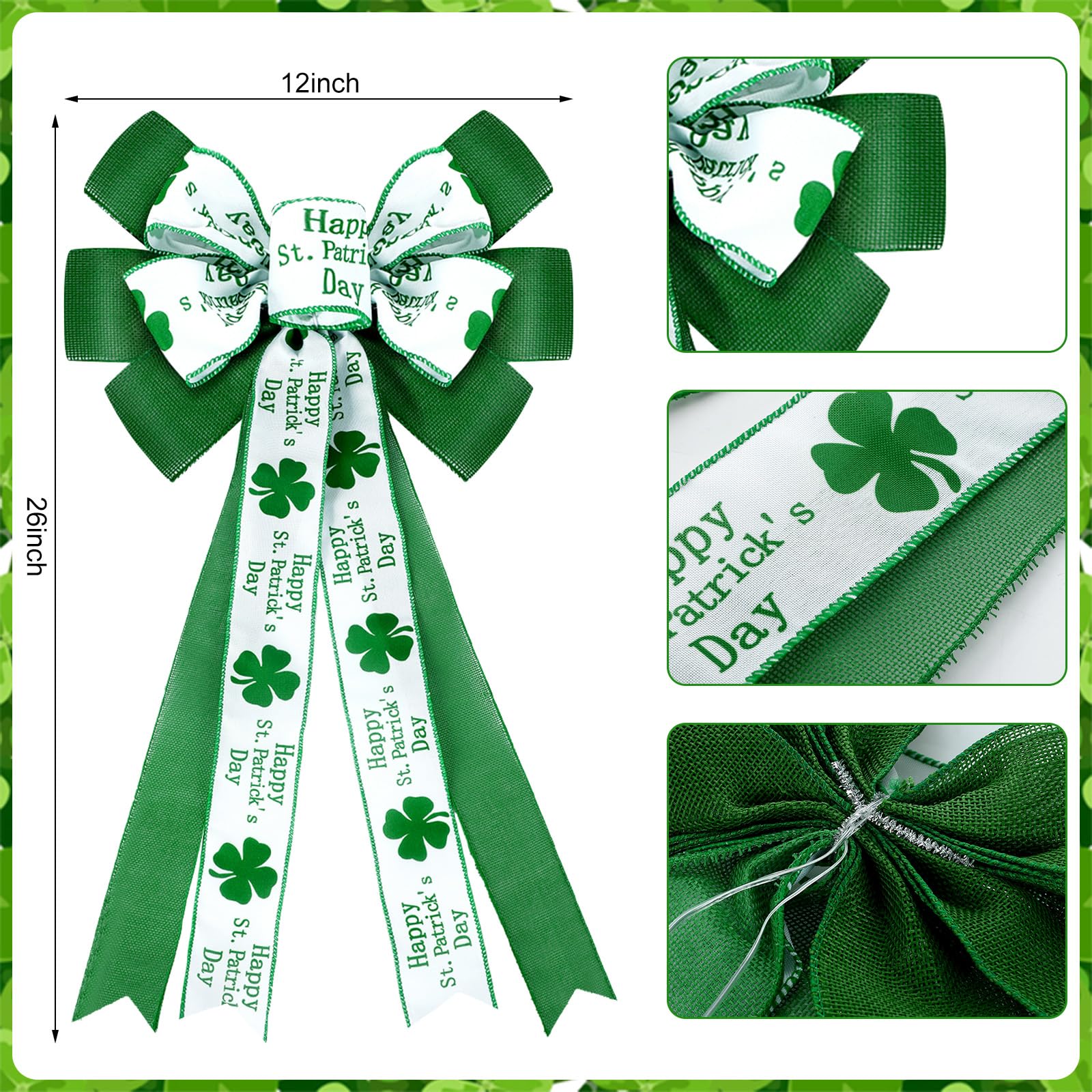 Riceshoot 6 Pcs Extra Large St. Patrick's Day Tree Topper Bows 26 x 12 Inches Green Four Leaf Clover Bows for Wreaths Irish Shamrock Bows for Front Door Tree Decorations