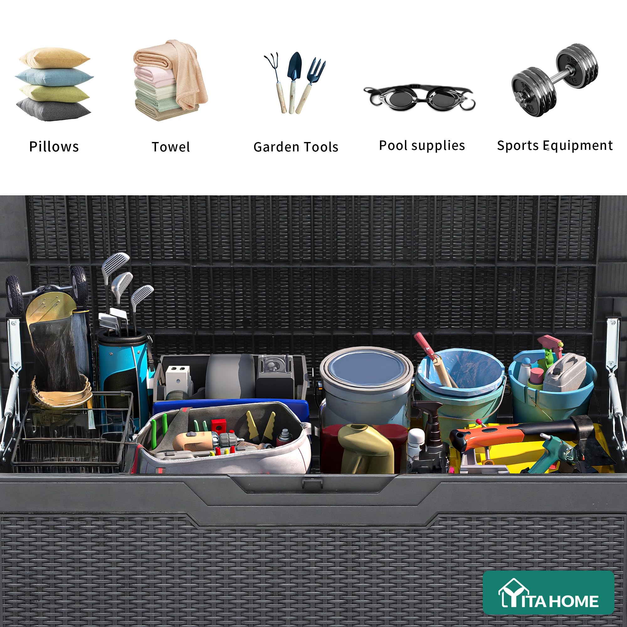 YITAHOME 380 Liter Gartenbox Wasserdicht, Abschließbarem Garten Auflagenbox, Outdoor kissenbox Wetterfest Garten Aufbewahrungsbox mit Seitengriffen für Gartengeräten Poolzubehör Spielzeug, Dunkelgrau