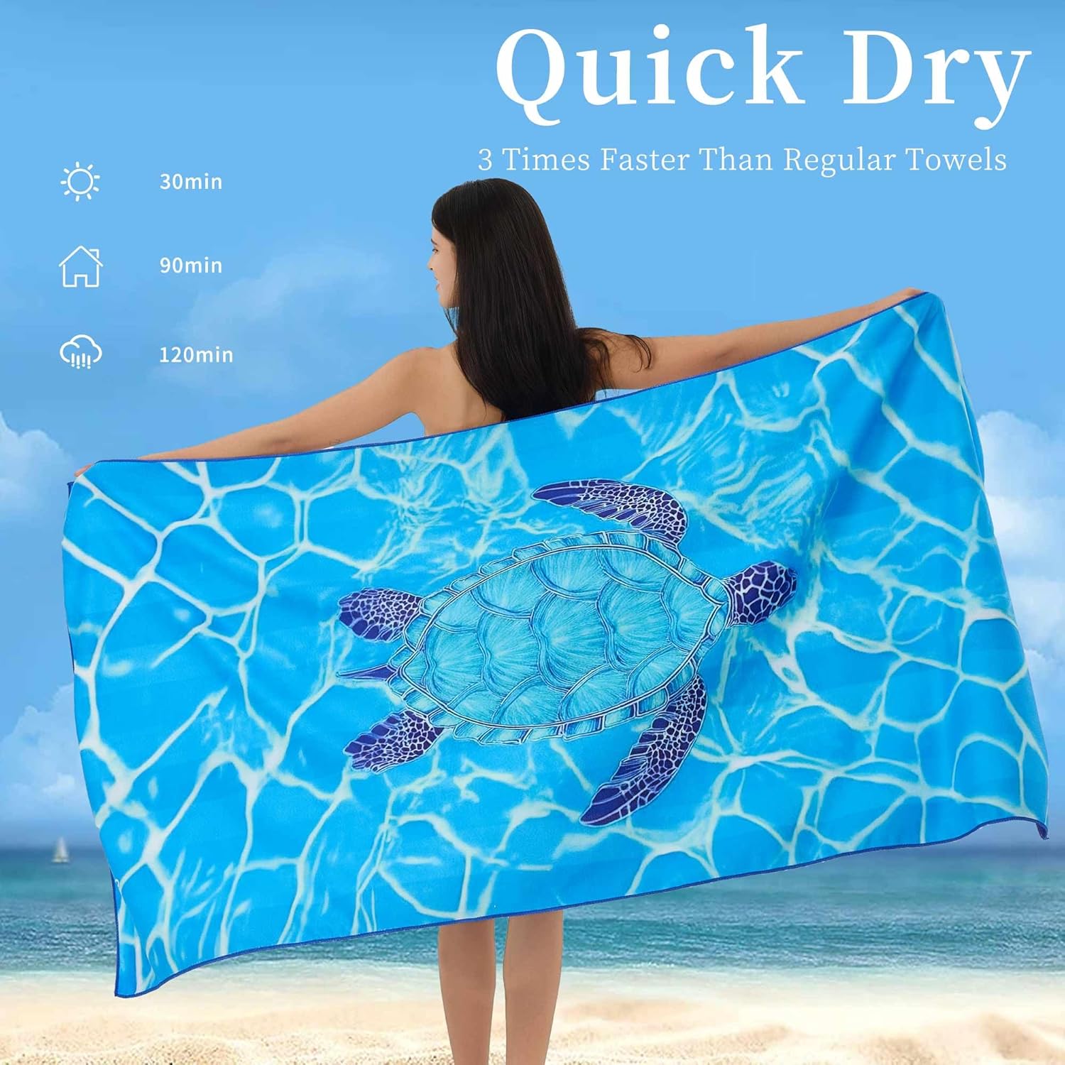 Microfiber Extra Large, Oversized Cute Turtle/Shark Beach Towels (70''x35'') - 2 Pack XL Quick Dry Striped Towels for Adults，Sand Free for Pool, Spa, Swim & Travel - Ultra Soft & Lightweight