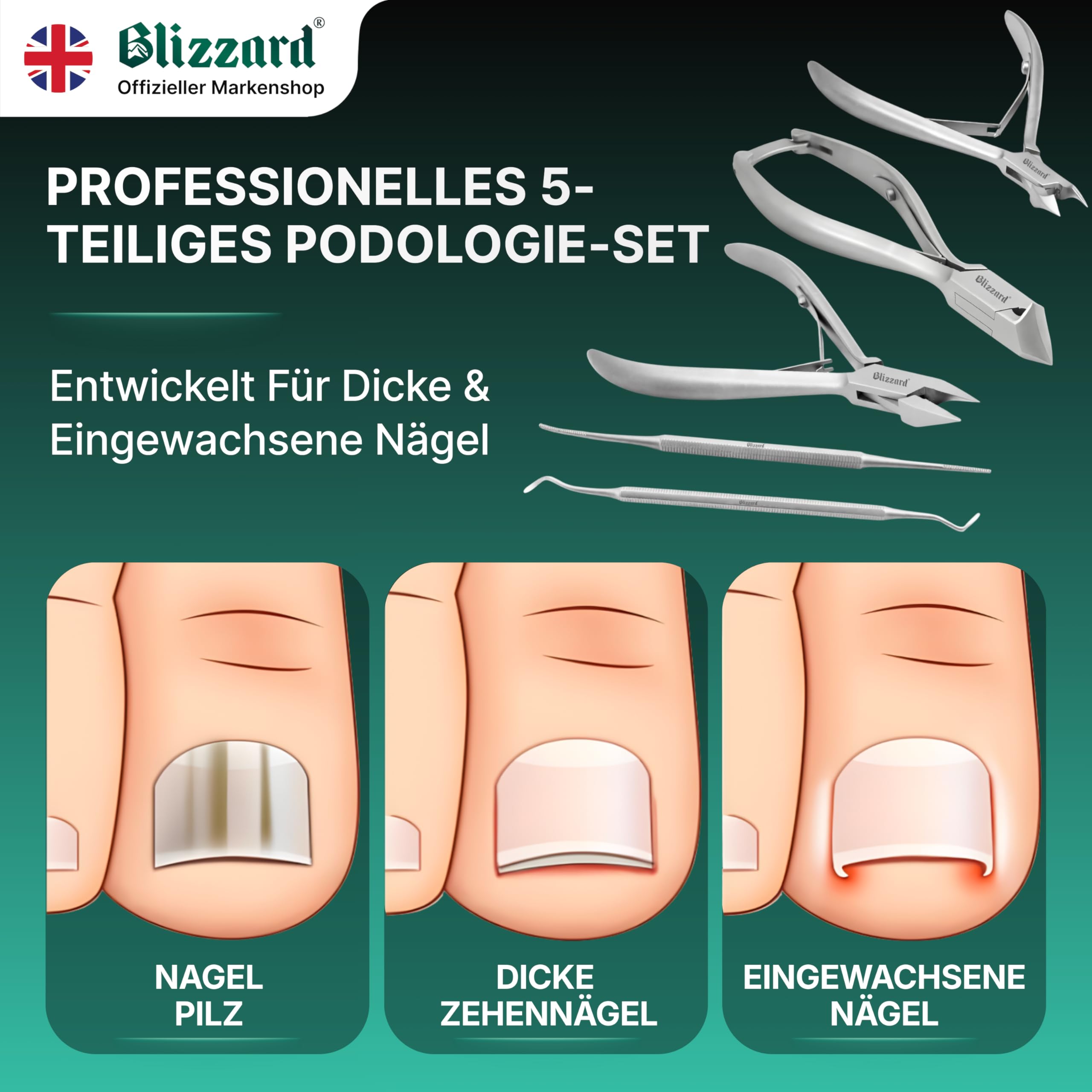 Blizzard Podologie Instrumente Set – 5-teiliges Fußpflege Set für harte & eingewachsene Nägel – Nagelzange, Eckenzange, Nagelhautentferner, Eckenfeile & Eckenheber – Profi Podologie Werkzeug