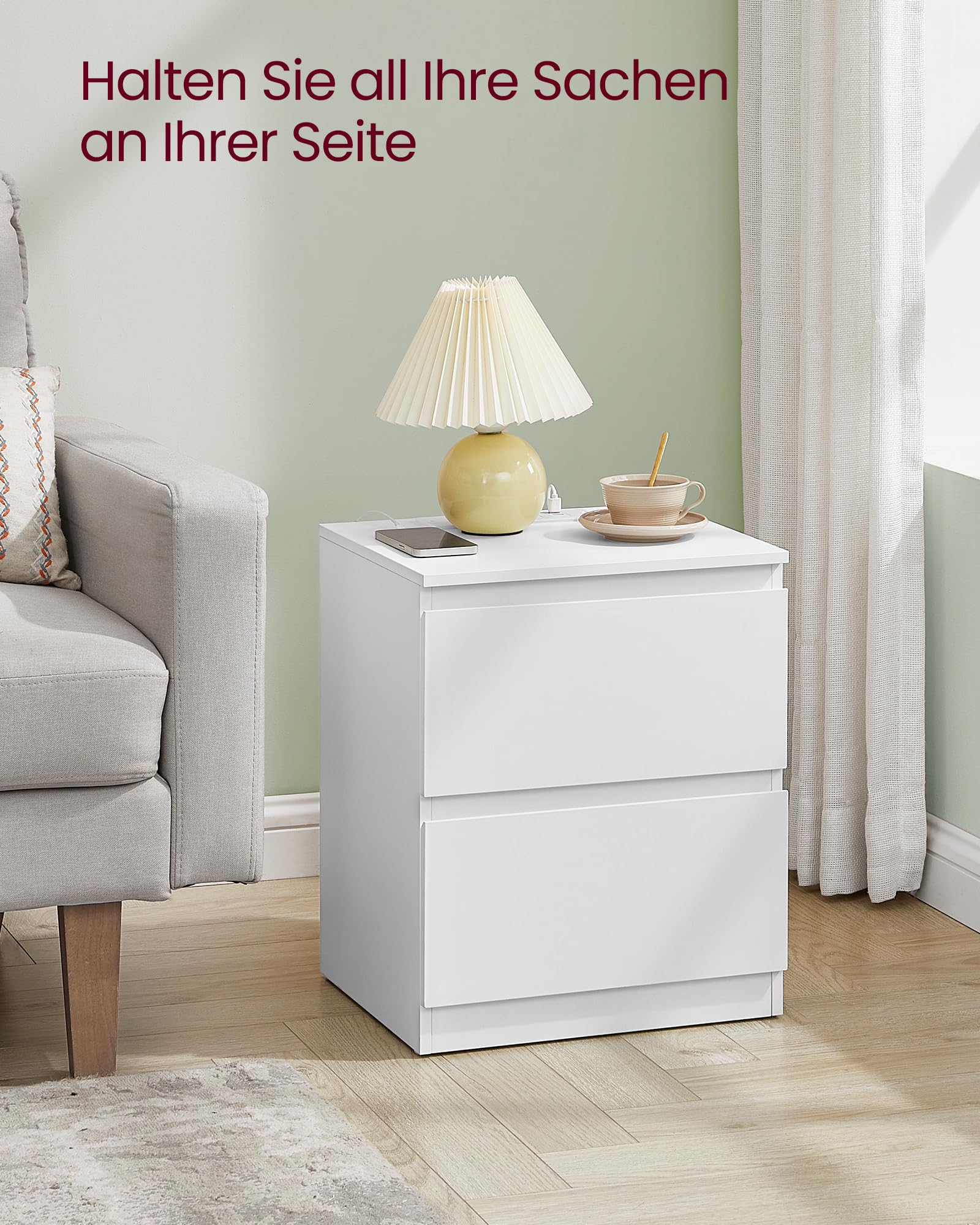 VASAGLE Kailyn Kollektion - Nachttisch mit Steckdosenleiste, Beistelltisch 2 Schubladen, 2 AC-Steckdosen, 2 USB-A-Anschlüsse, für Schlafzimmer, wolkenweiß LET621W02