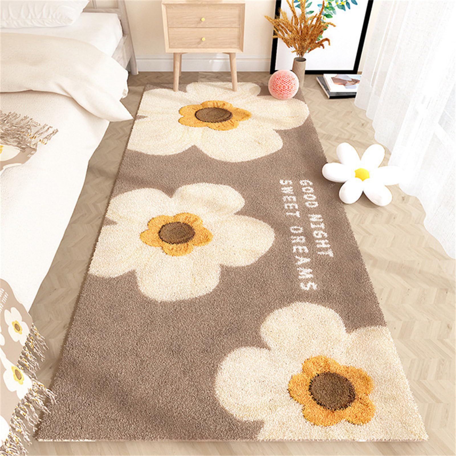 Highdi Tapis de Salon à Poils Longs Sherpa Tapis Fleurs à la Mode Doux Moelleux Grand Tapis Tapis de Chambre Antidérapant Confortable Tapis Shaggy pour Chambre Salon Couloir (80x200cm,Kaki)