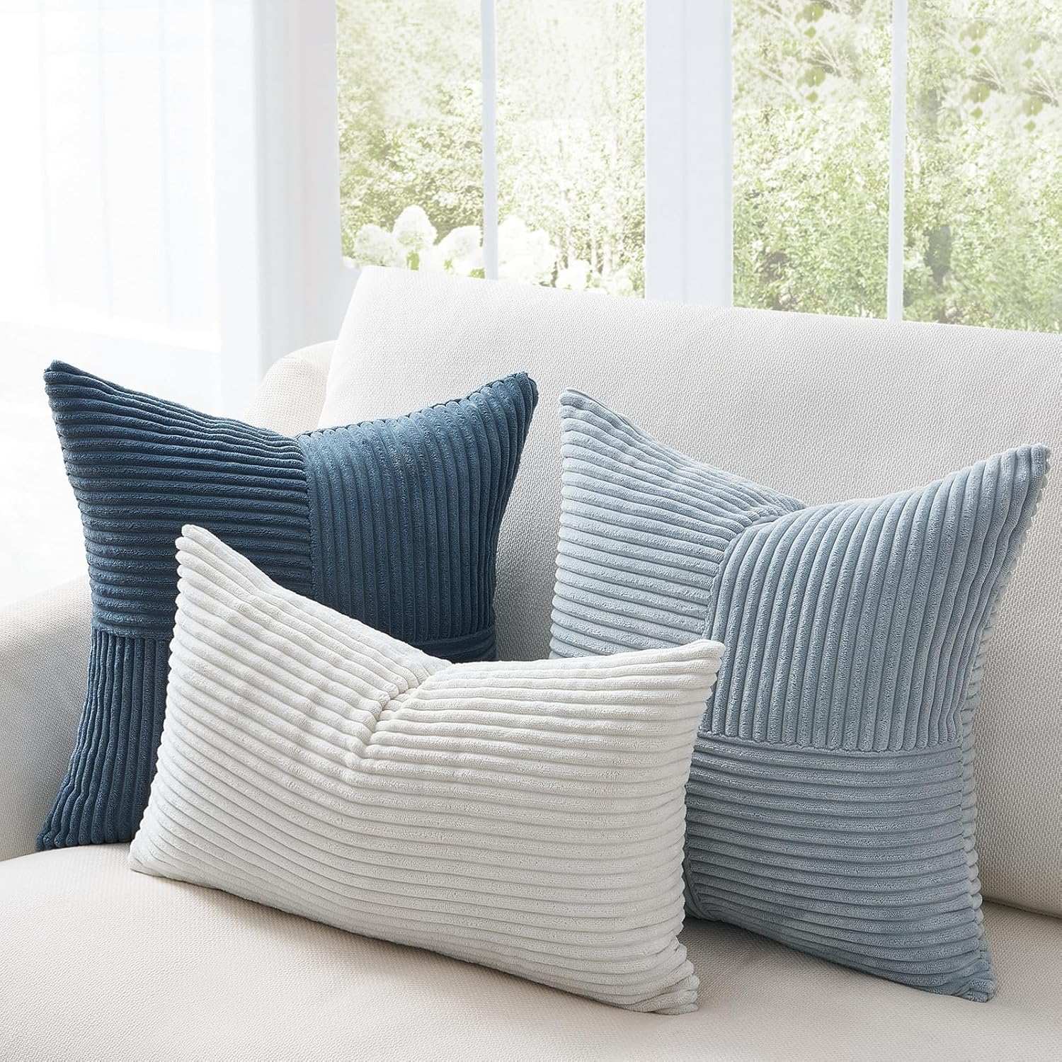 Topfinel NavyBlue Decorative Throw Pillow Covers,20x20 Pillow Covers Set of 4 with Striped Corduroy,Boho Soft Accent Cushion Covers for Couch,Bed,Living Room Home Decor
