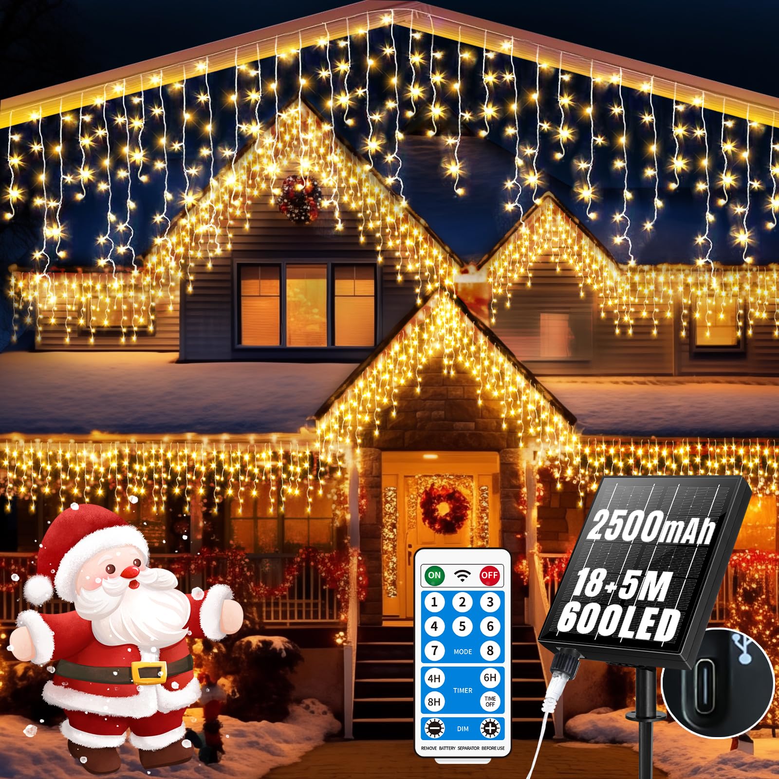 RJEDL 2500mAh Solari Luci di Natale da Esterno,18+5M 600LED Impermeabile Luci Natalizie da Esterno Cascata,Con 8 Modalità &Timer e Memoria Luci di Natale da Esterno per Balcone Finestra Casa Ringhiera
