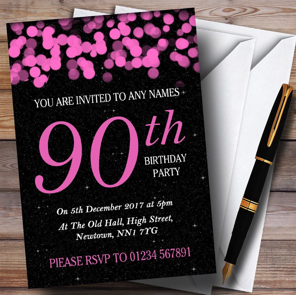 Pink Bokeh & Stars 90th Personalized Birthday Party Invitations