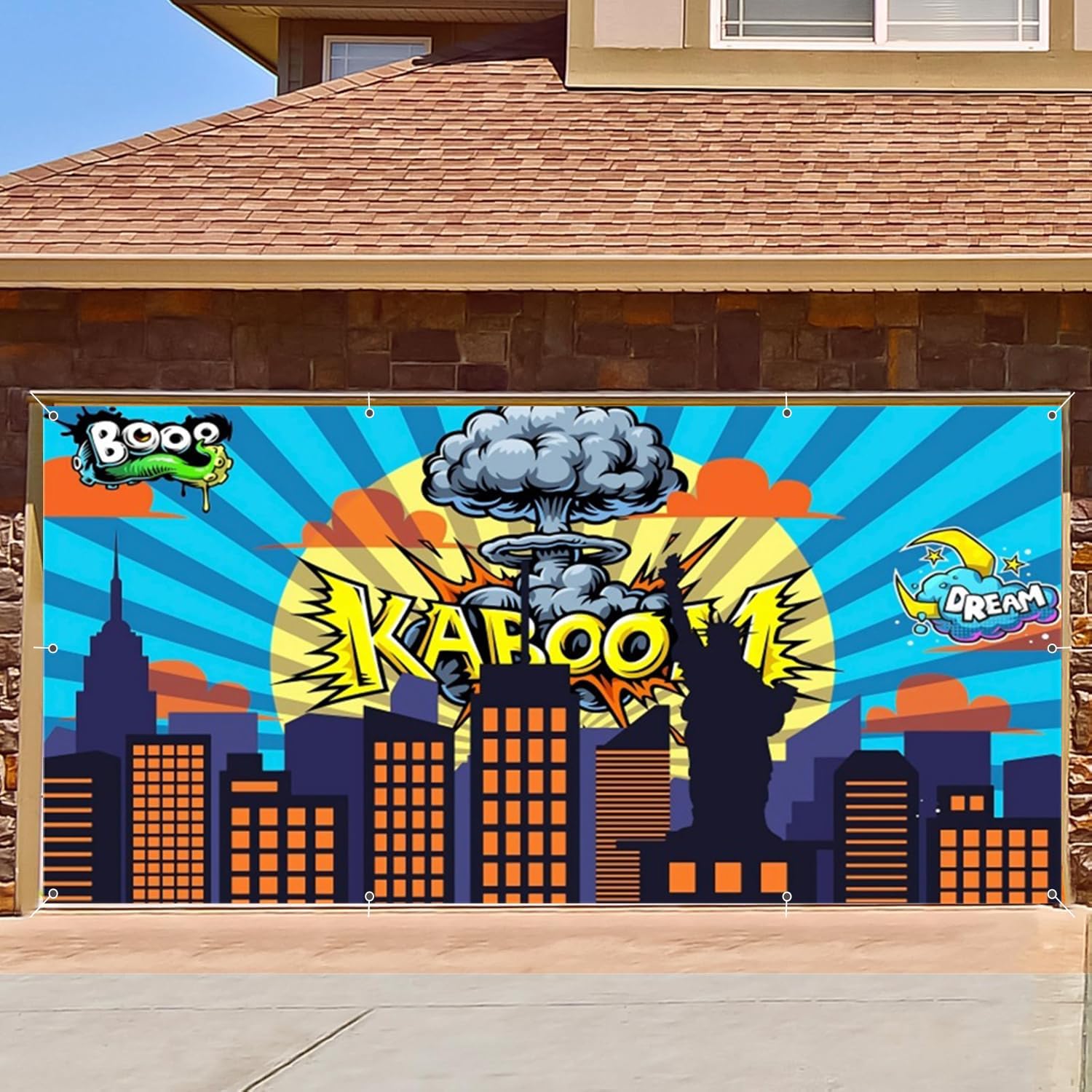 Cartoon Super City Garage Door Banner Decorations Backdrop 7 x 16 ft Urban Night Scenery Superhero Boom City Building Garage Door Cover Background Wedding Baby Shower Birthday Party Decorations