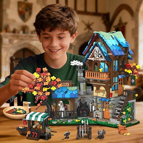 Miniatura 7 de Juego de construcción medieval para adultos, arquitectura medieval de casa con cabina de patrulla y establo de caballos, juego de ladrillos de