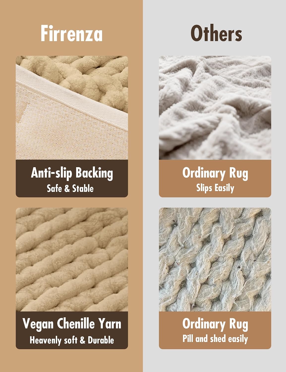 Chunky Chenille Bath Mat, Hand Woven Non-Slip Bathroom Rug and Mats, Ultra Absorbent Machine Washable Shower Mat for Bathroom Shower Tub, Extra Thick Soft Absorbent Rug, Doormat,Beige 24x17
