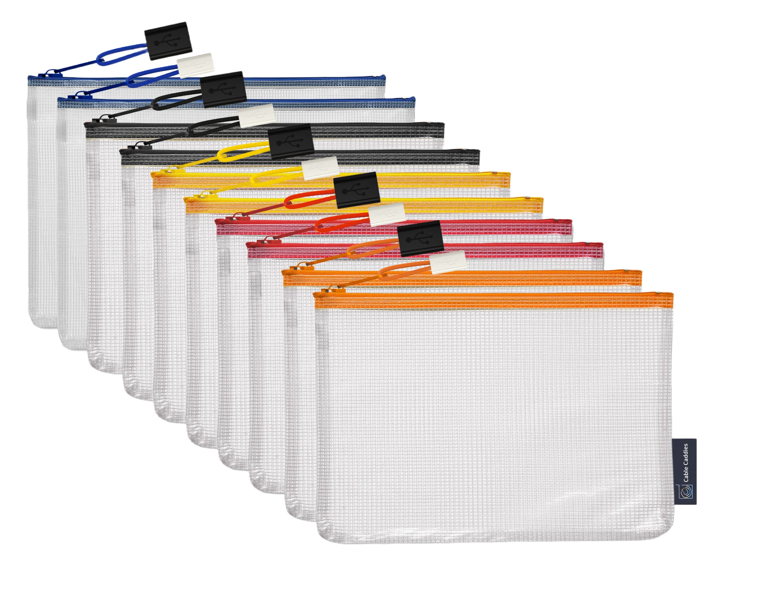 10 - USB Cable Organizer Pouches, Manage Cables, Travel Cable Oranizer, Color Coded with USB Zipper Pulls