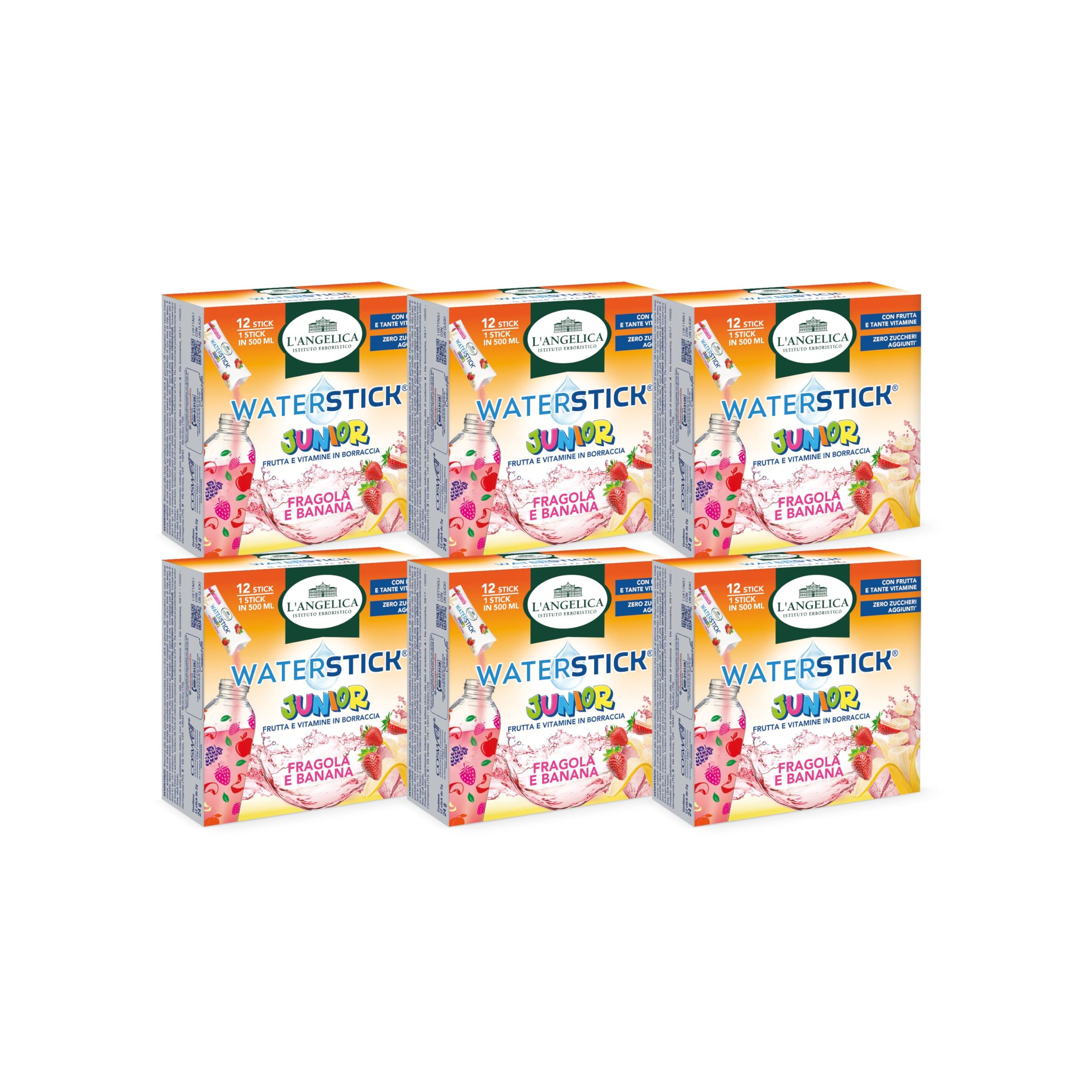 L'Angelica, Waterstick Junior, Gusto Fragola e Banana, Con Frutta, Vitamine, Zero Zuccheri Aggiunti, 6 Astucci da 12 Stick