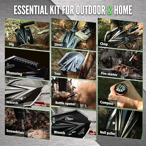 Miniatura 8 de Zune Lotoo Tactical Shovel Survival Tool, 18 in 1 Small Camping Shovel Folding Multitool Compact Entrenching Tool Heavy Duty for Hiking Backpack
