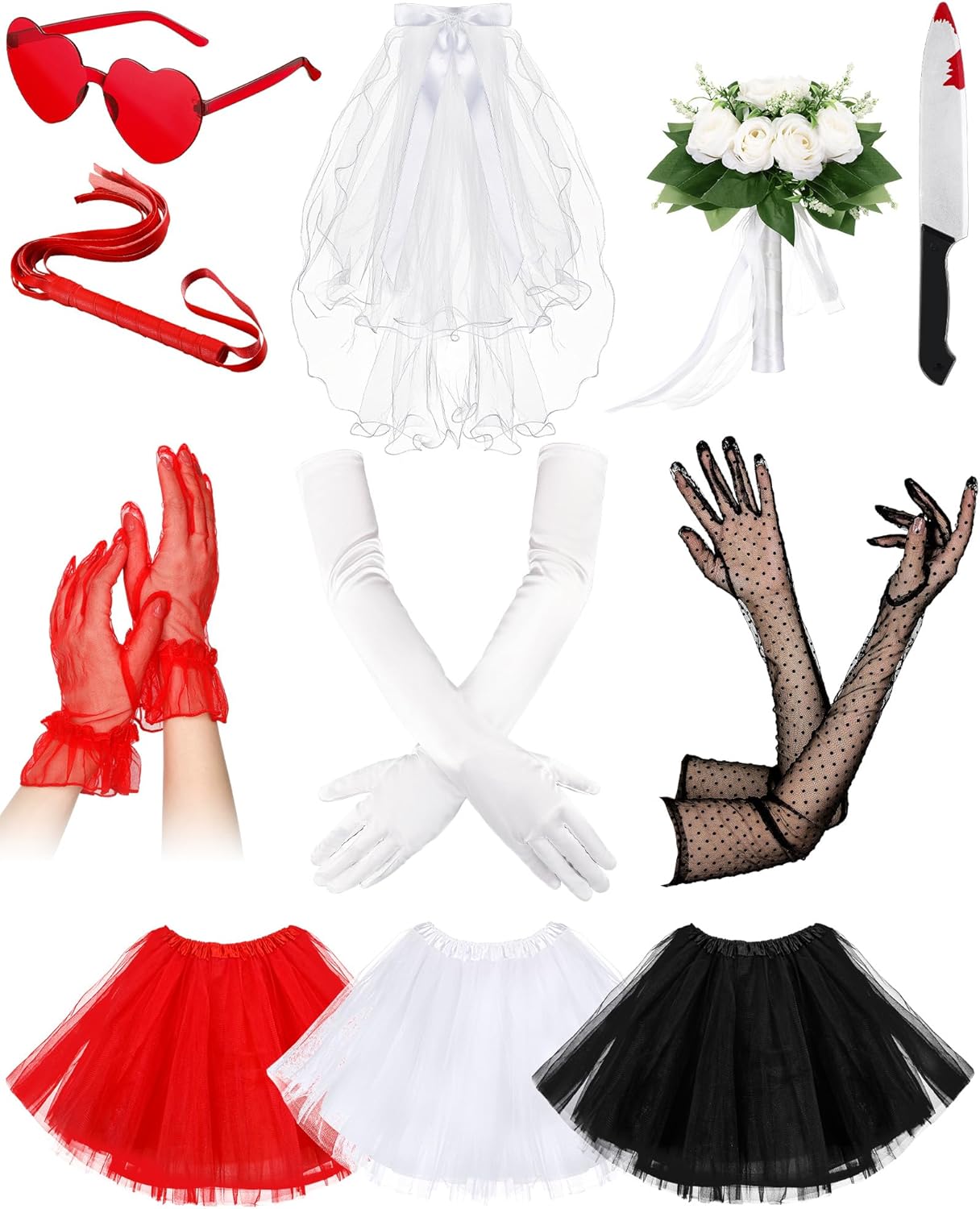 11 Pcs Halloween Marry Kill Costume Accessories for Trio Tutu Dress Gloves Veil Bouquet Sunglasses Prop Knife Whip for Woman Halloween Cosplay
