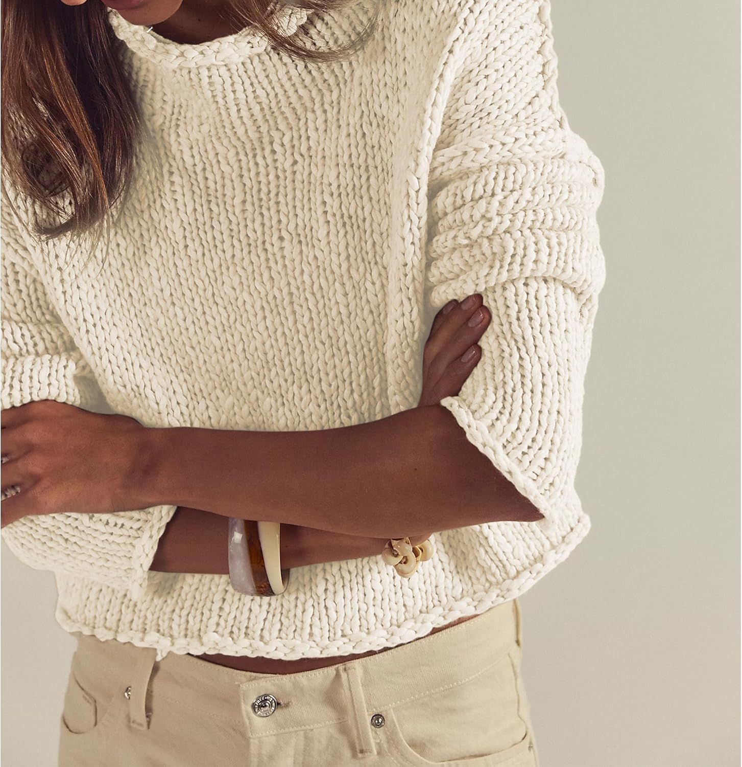 Songling Womens Sweater Oversized Roll Neck Cotton Long Sleeve Casual Soft Chunky Sweaters Crochet Knit Pullover Tops