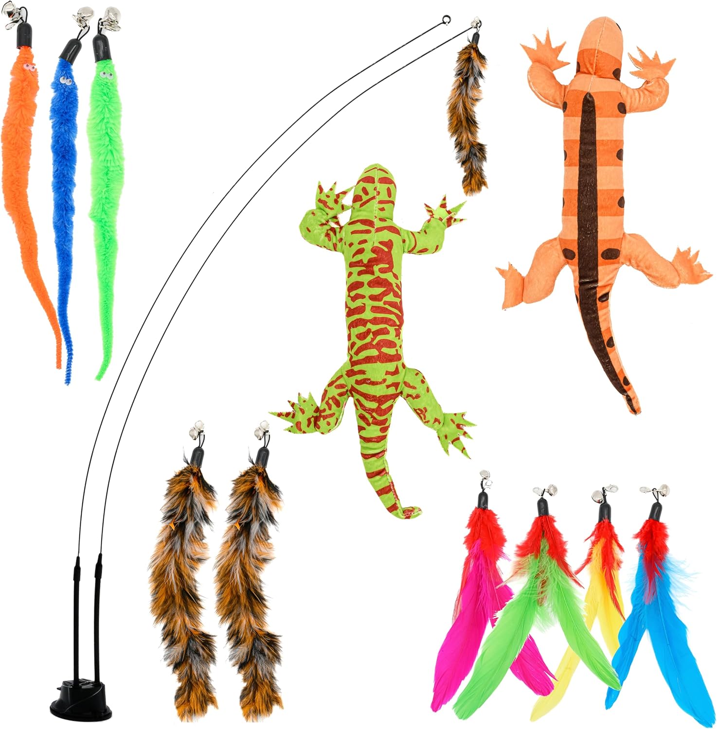 Suction Cup Cat Toys For Indoor Cats Feather Teaser Wand With Worms & Catnip Lizard Chew Toys Kittens Enrichment Toy For Bored Cats With 6 Colorful Attachments, Suction Toys For Kitten Chew