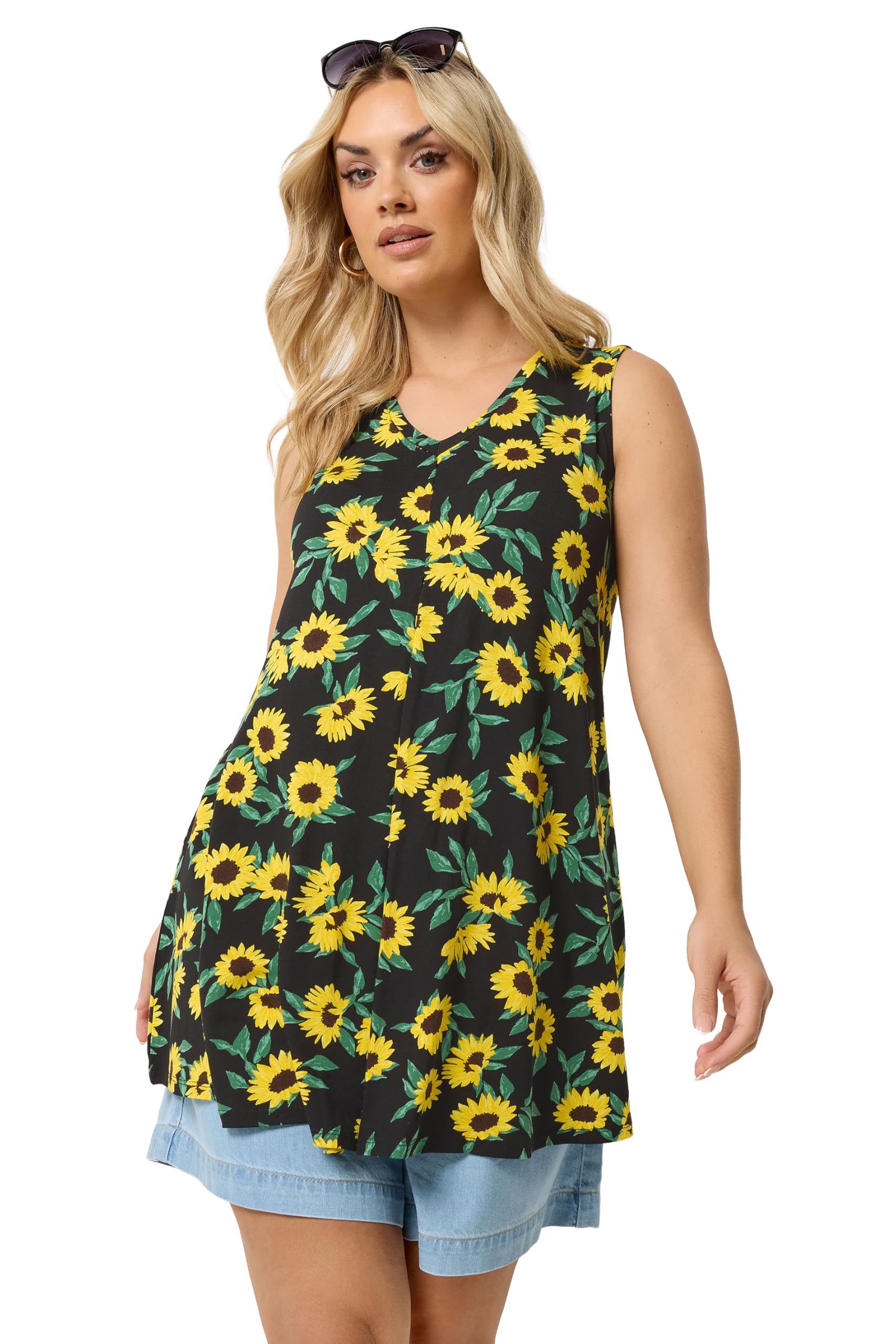 Yours Women's Black Sunflower Pleat Front Vest Top In Size 26-28