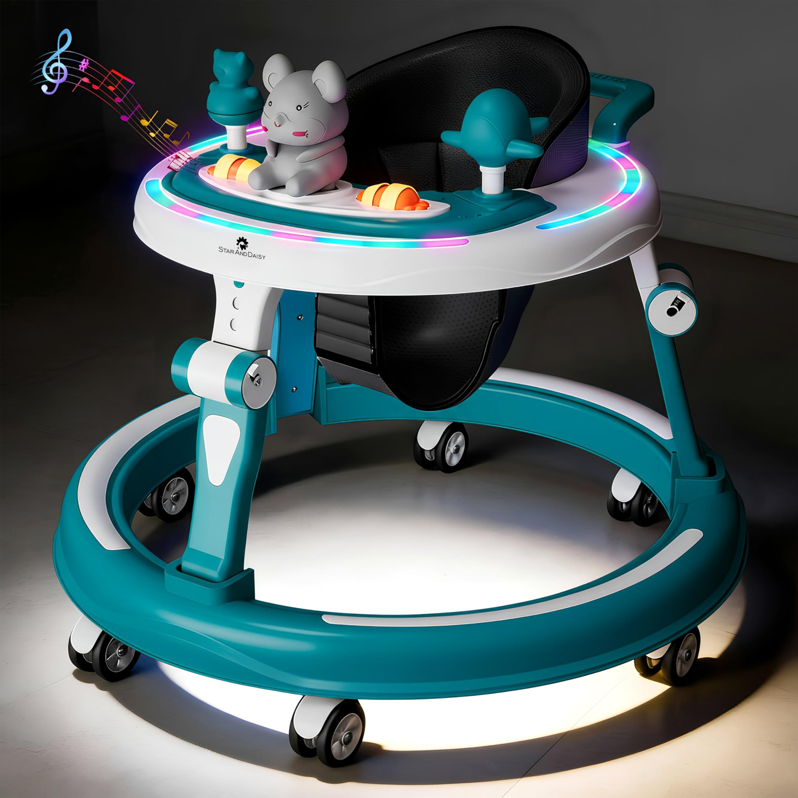 StarAndDaisy Baby Walkers for 9 Months+ Baby Boy Girl / 360° Walker for Kids with RGB Light, 7 Level Height Adjustment/Baby Walker with Switchable Food & Musical Toy Tray.