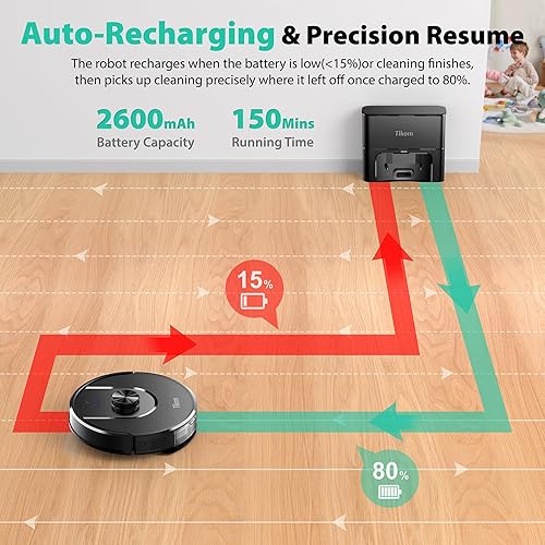 Miniatura 8 de Tikom Robot aspiradora y trapeador, 6000 Pa aspiradora robótica con base de autovaciado, capacidad de 90 días, navegación LiDAR, mapeo del hogar,