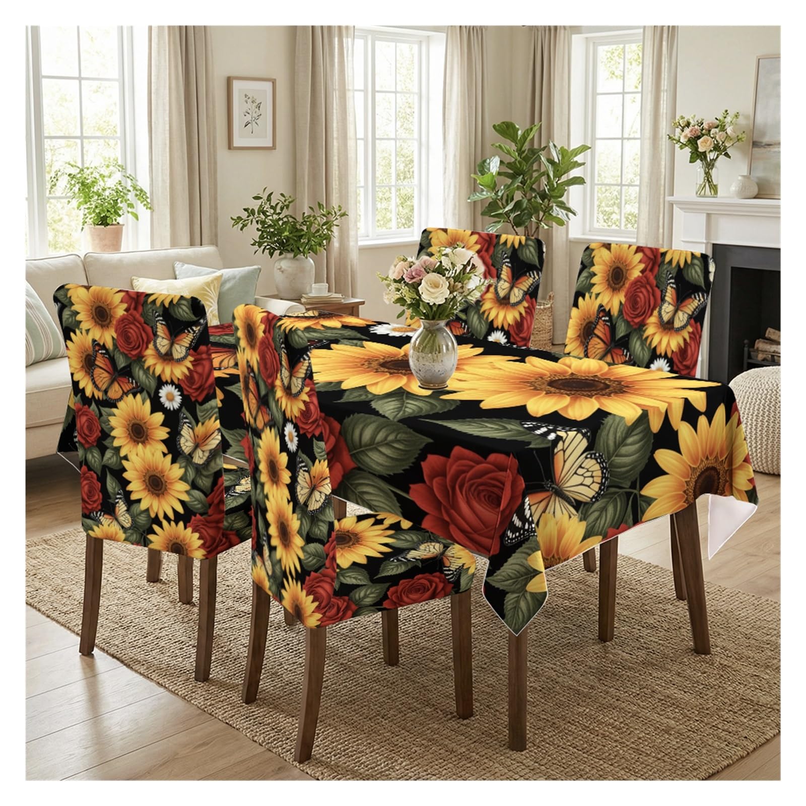 KXUAUV Boho Floral Sunflower Rose Print Stretch Chair Covers & Tablecloth Set, For Farmhouse Kitchen Dining Decor, 5/7 Pack Party Decor(5pcs Set: Tablecloth+Chair Covers)