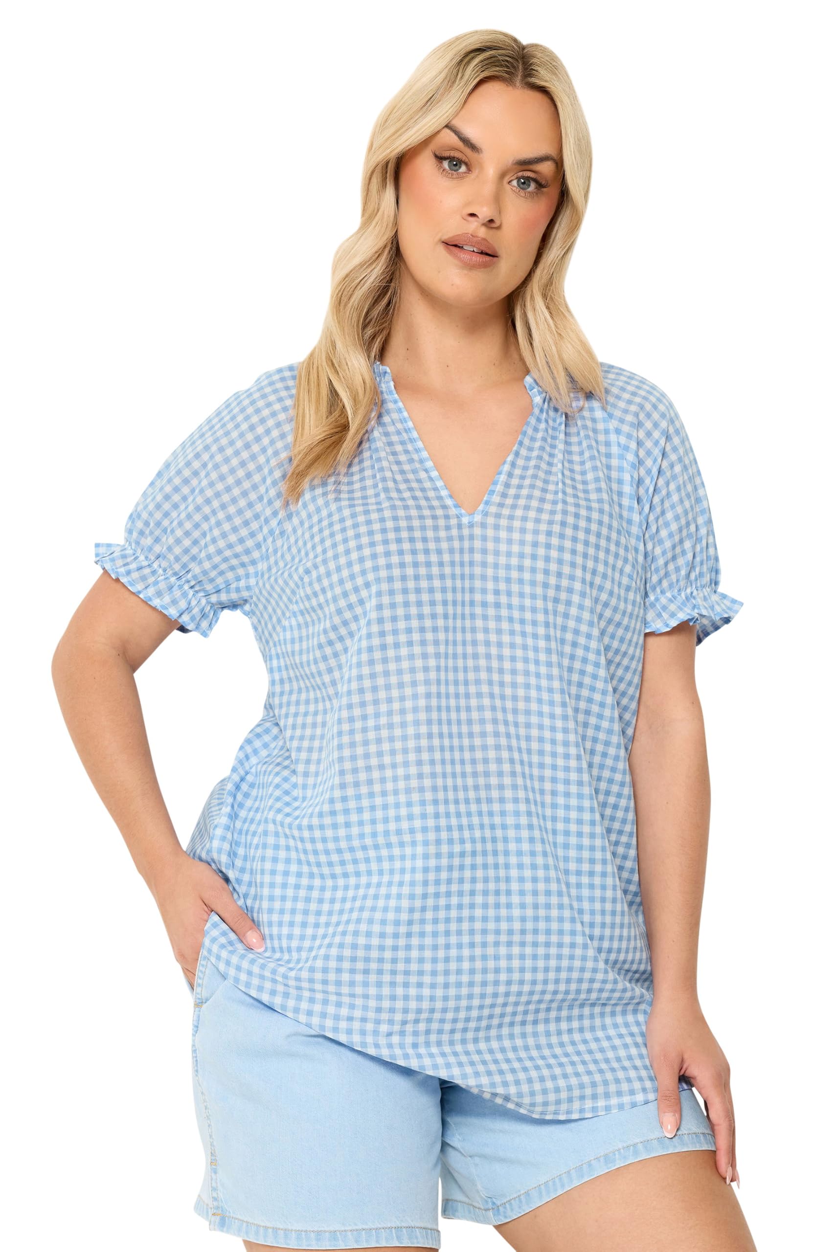 Yours Women's Gingham Puff Sleeve Blouse in Baby Blue | Size: 16