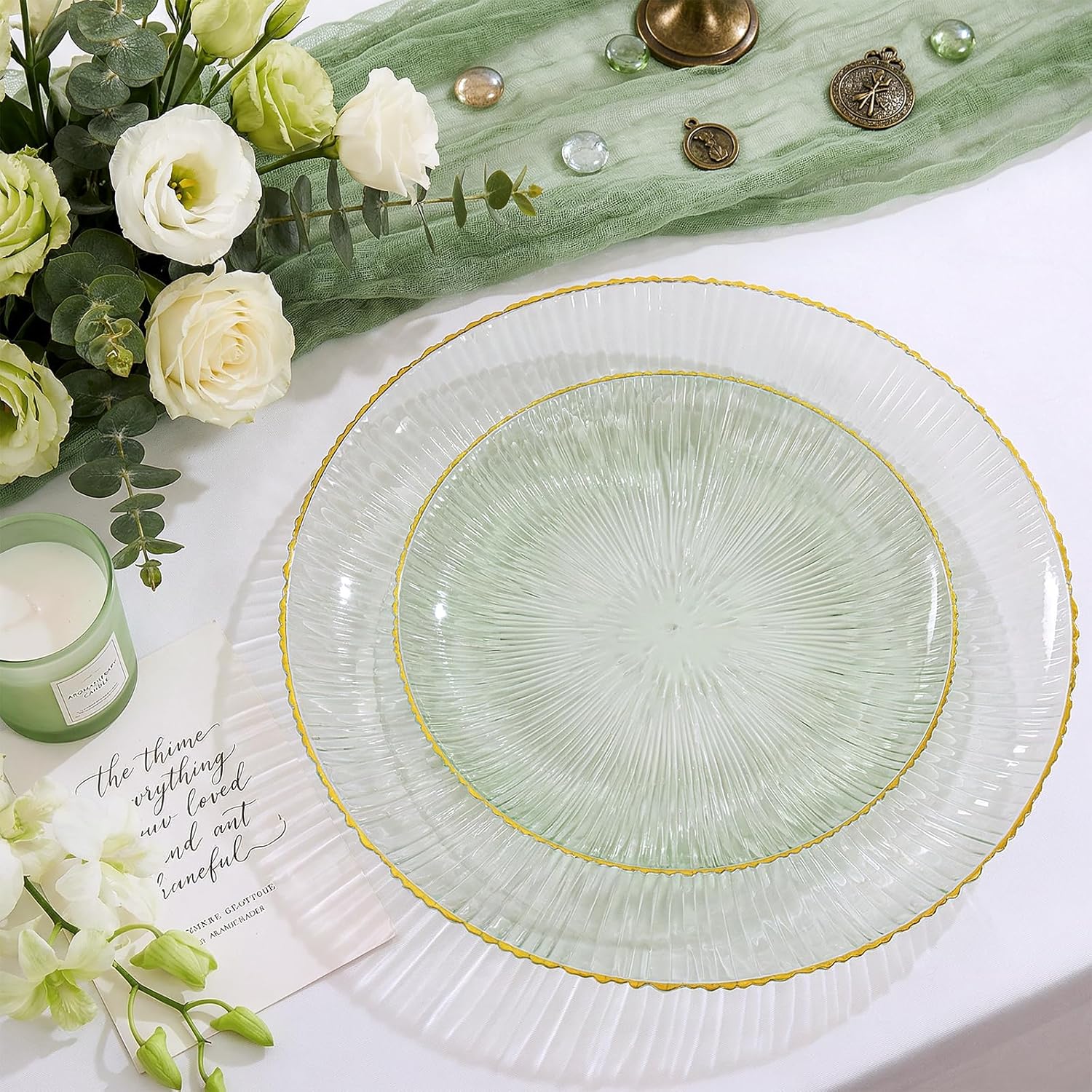 DaYammi 60Pcs Sage Green Plastic Plates with Gold Rim,Disposable Plates Set Includes 30 Dinner Plate & 30 Salad Plate,Fancy Green Party Plates with Radial Texture for Party Wedding Dinner Easter