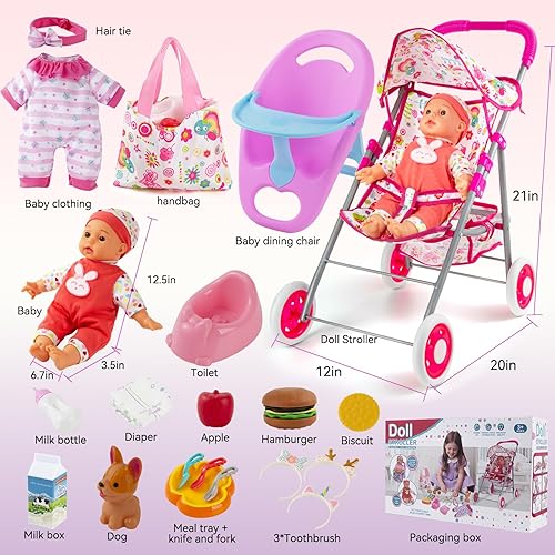 Miniatura 3 de Juego de juguetes de cochecito de bebé con muñeca de 12.5 pulgadas para niñas de 3 a 7 años, cochecito plegable, silla de comedor, accesorios y 1