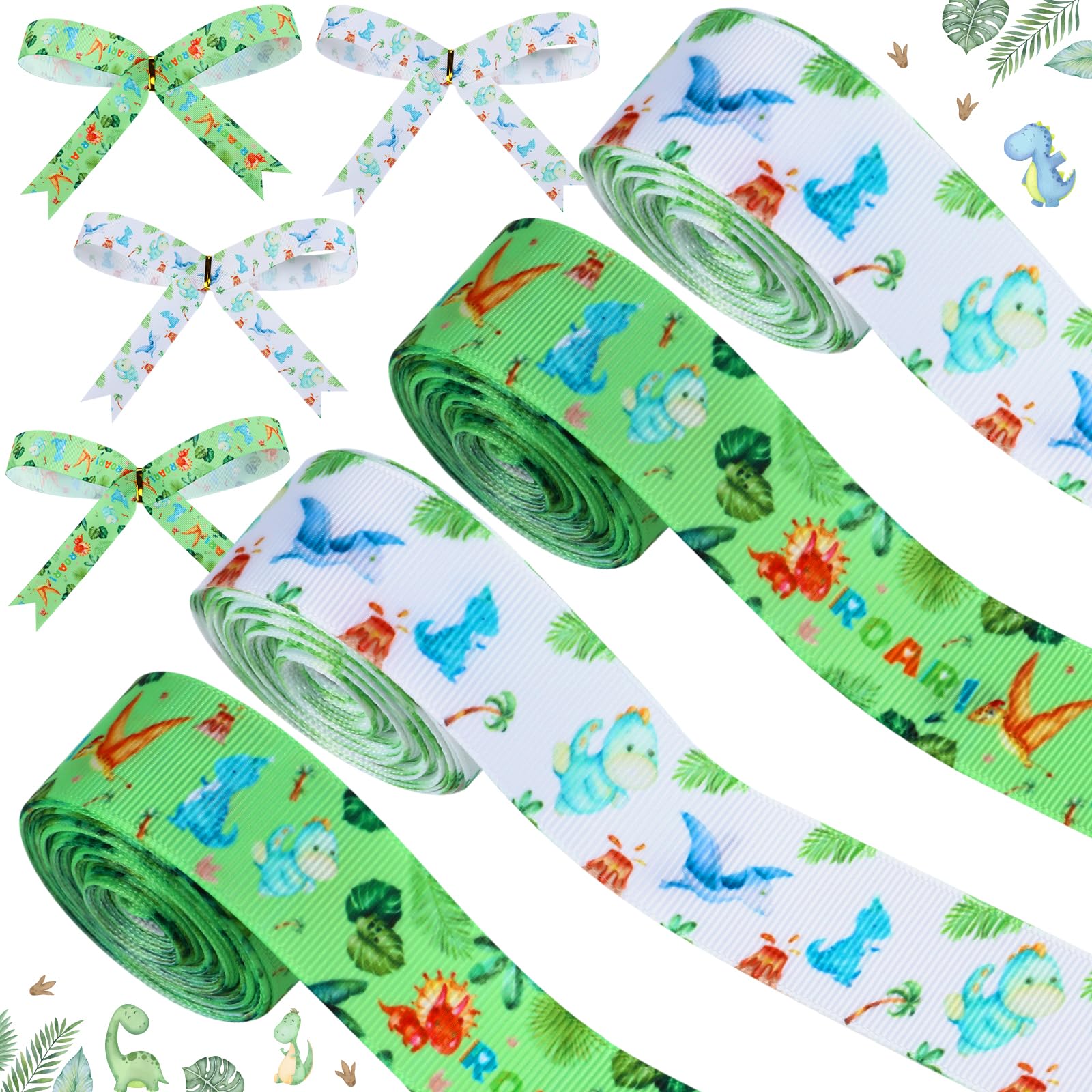 Cheerupp 4 Rolls Dinosaur Theme Ribbons, 20 Yards Craft Ribbons for Wreath Hair Bow Wrapping Gifts Packing, Safari Jungle Grosgrain Birthday Wedding Gender Reveal Party Home Accessory Decor