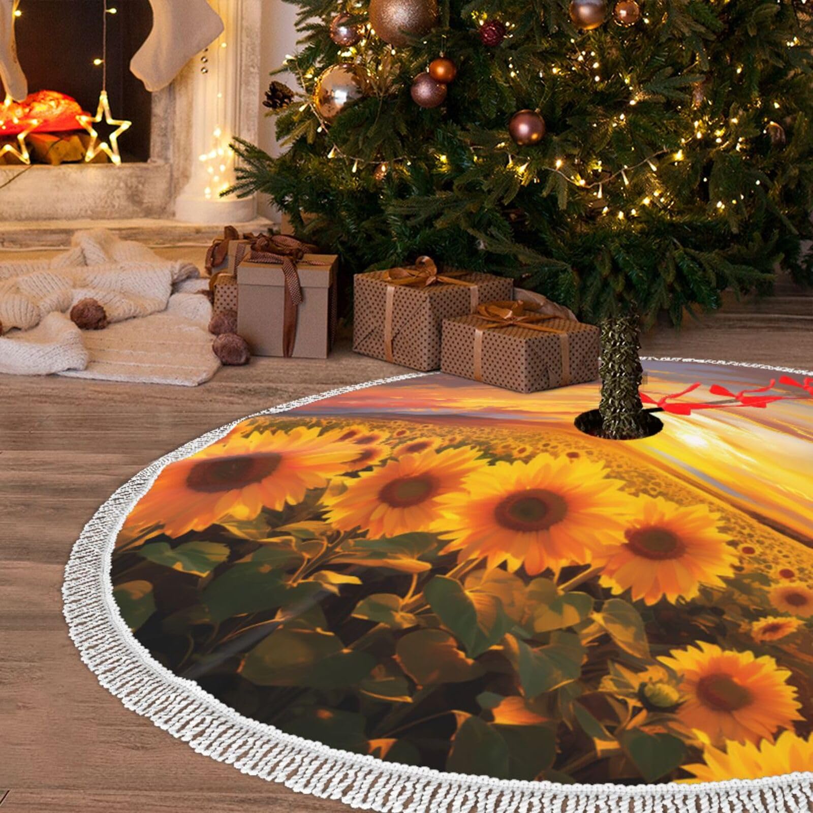 Jupe de sapin de Noël motif tournesol à pompons pour raviver la magie des fêtes en famille
