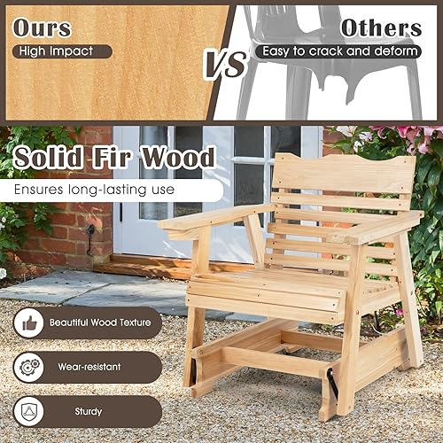 Miniatura 7 de Giantex Mecedora para exteriores  Mecedora de madera para porche con respaldo alto, reposabrazos ampliados, asiento curvo, portavasos giratorio,