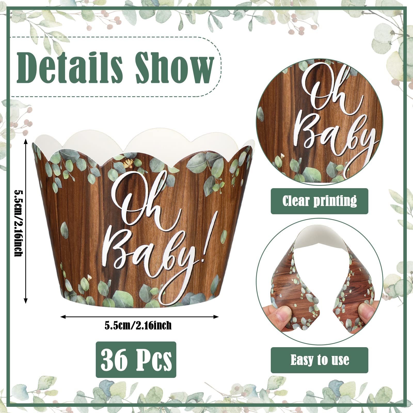 Hoolerry 36Pcs Baby Cupcake Wrappers Greenery Baby Shower Greenery Jungle Wrappers Eucalyptus Green Cupcake Liners Greenery Decorations cake Holders for Gender Reveal Wedding Party