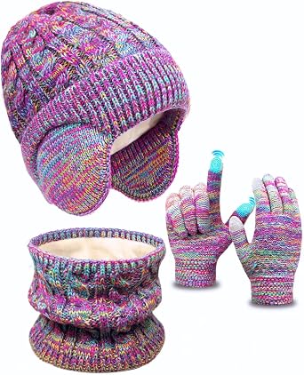 Kids Winter Hat Gloves Scarf Set,Toddler Girls Boys Beanie Hat with Earflaps,Knit Mittens & Neck Gaiter Warmer for Kids 4-12