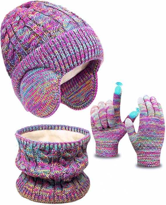 Kids Winter Hat Gloves Scarf Set - Fleece Lined Beanie with Earflaps, Knit Mittens & Neck Gaiter for Boys and Girls Ages 4-12