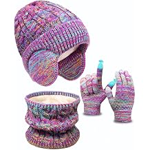 Kids Winter Hat Gloves Scarf Set,Toddler Girls Boys Beanie Hat with Earflaps,Knit Mittens &amp; Neck Gaiter Warmer for Kids 4-12