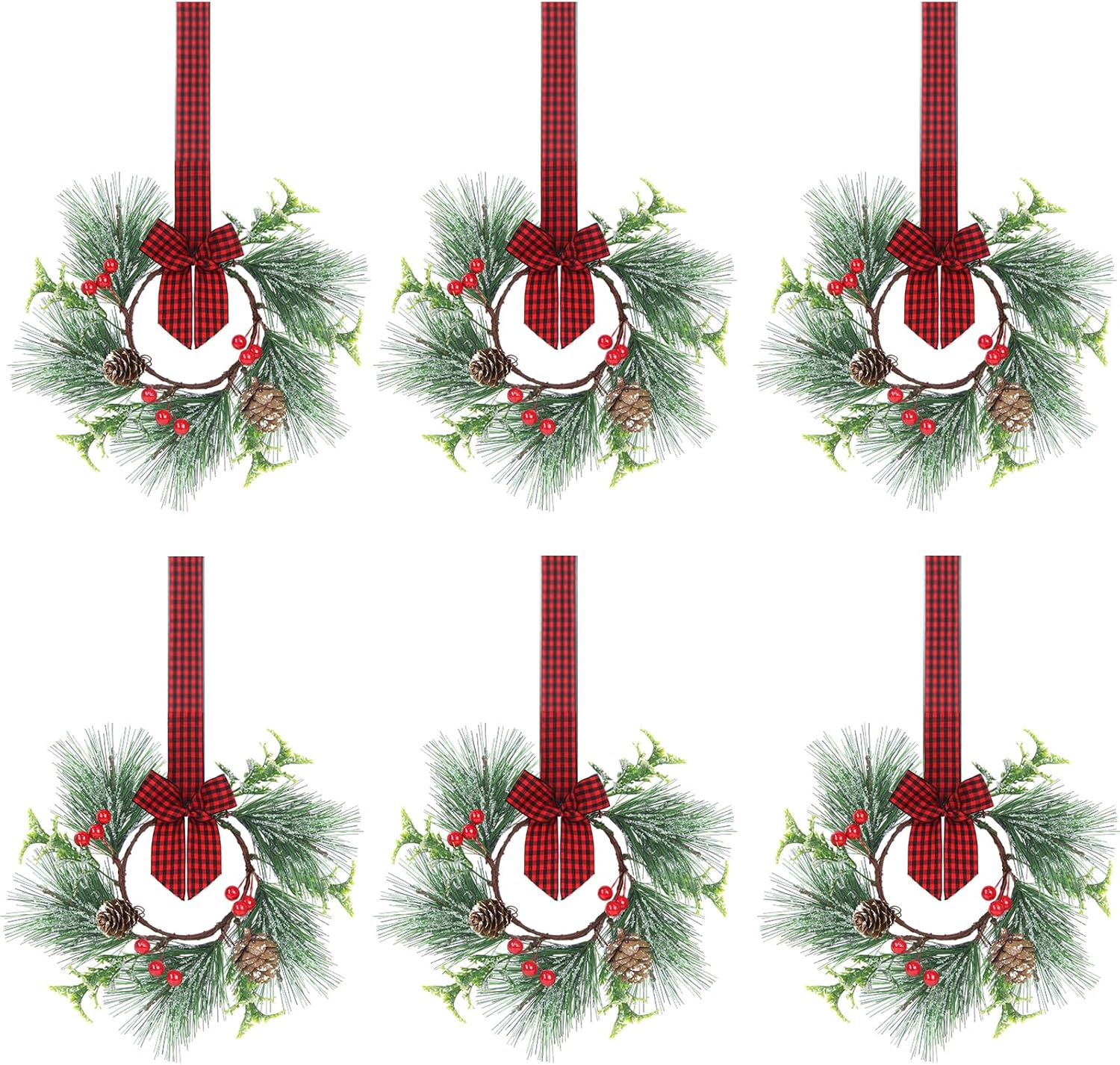 XJar 6 Pcs Mini Christmas Wreaths with Snowy Pine Needles?Pine Cone, Berry and Plaid Bow Ribbon Hanging Decorative for Cabinets Kitchen Window Outdoor Indoor Chair Wall Decor Pine Needles 6