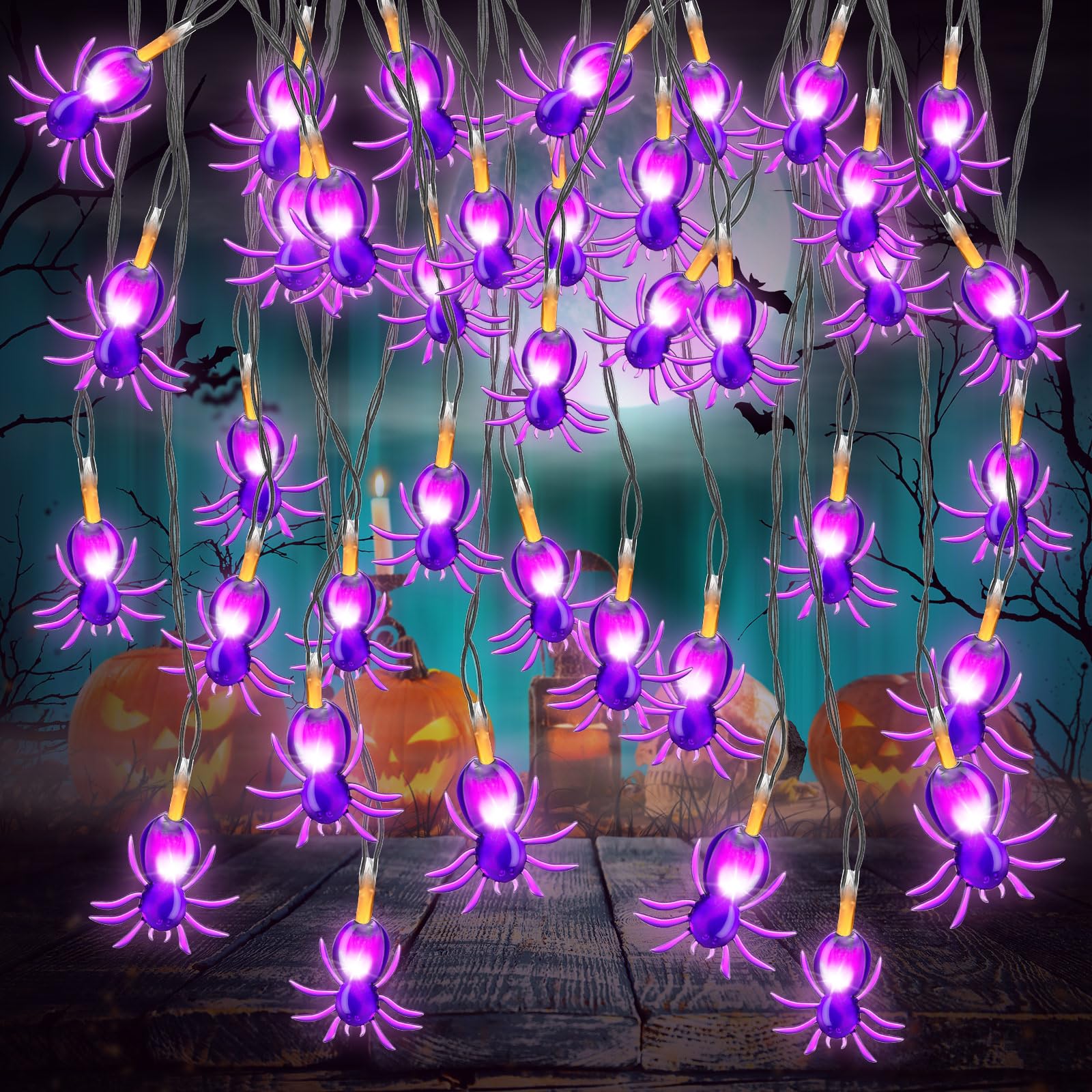 Retisee 4 Pack Halloween Decor Spider String Lights, Battery Operated Spider Fairy Lights 20 Purple LEDs 9.8ft Decorative Lights for Patio Garden Gate Yard Indoor Outdoor Christmas Decoration