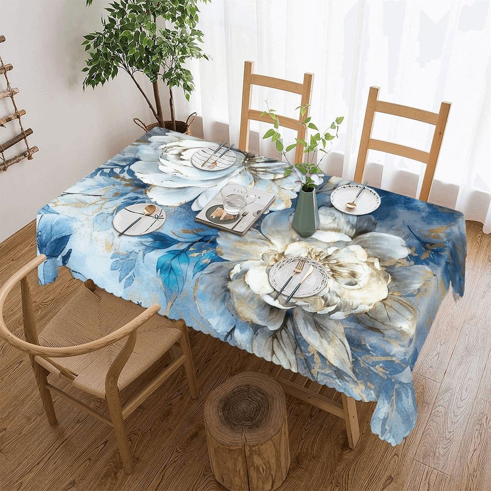 Nappe de table decorative bleue et fleurs 137x183cm pour maison