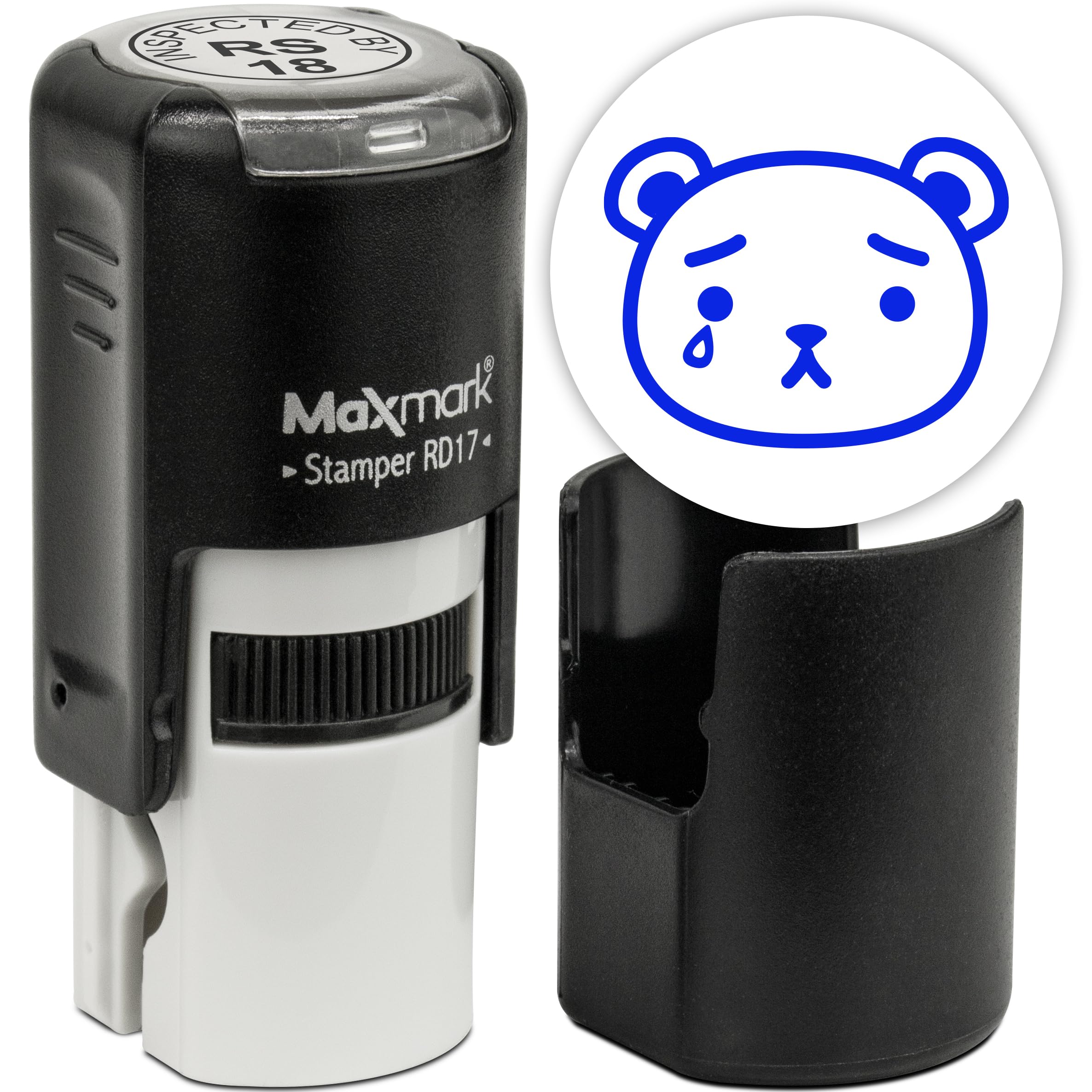 MaxMark RD17 Round Self Inking Bear Emoji Stamp - Sad - Blue Ink