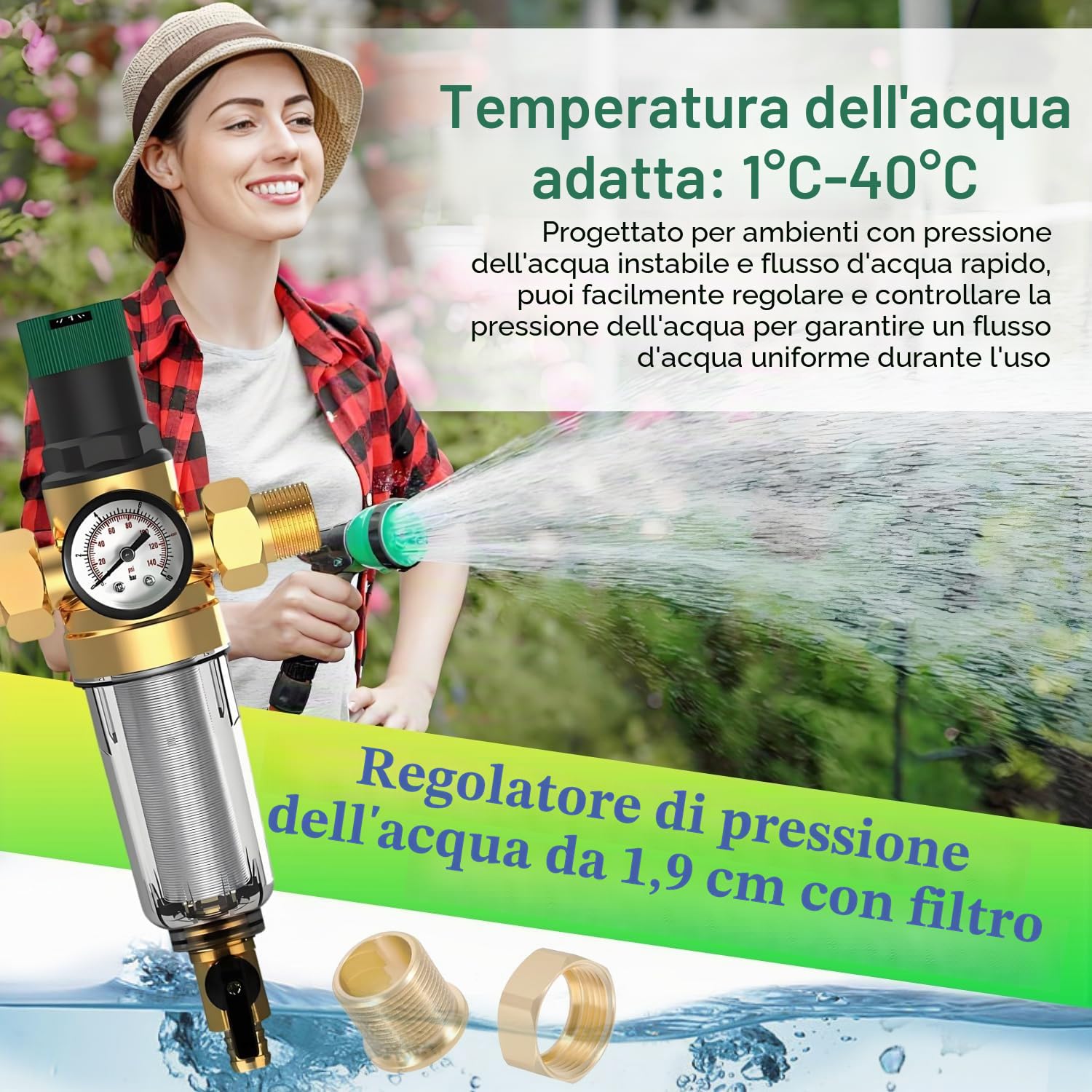 Regolatore di Pressione Acqua Riduttore di Pressione Acqua 3/4 di pollice con Filtro Aria Compressore e Manometro Accessori Compressore Aria adatto per depuratori d'acqua, lavatrici, rubinetti