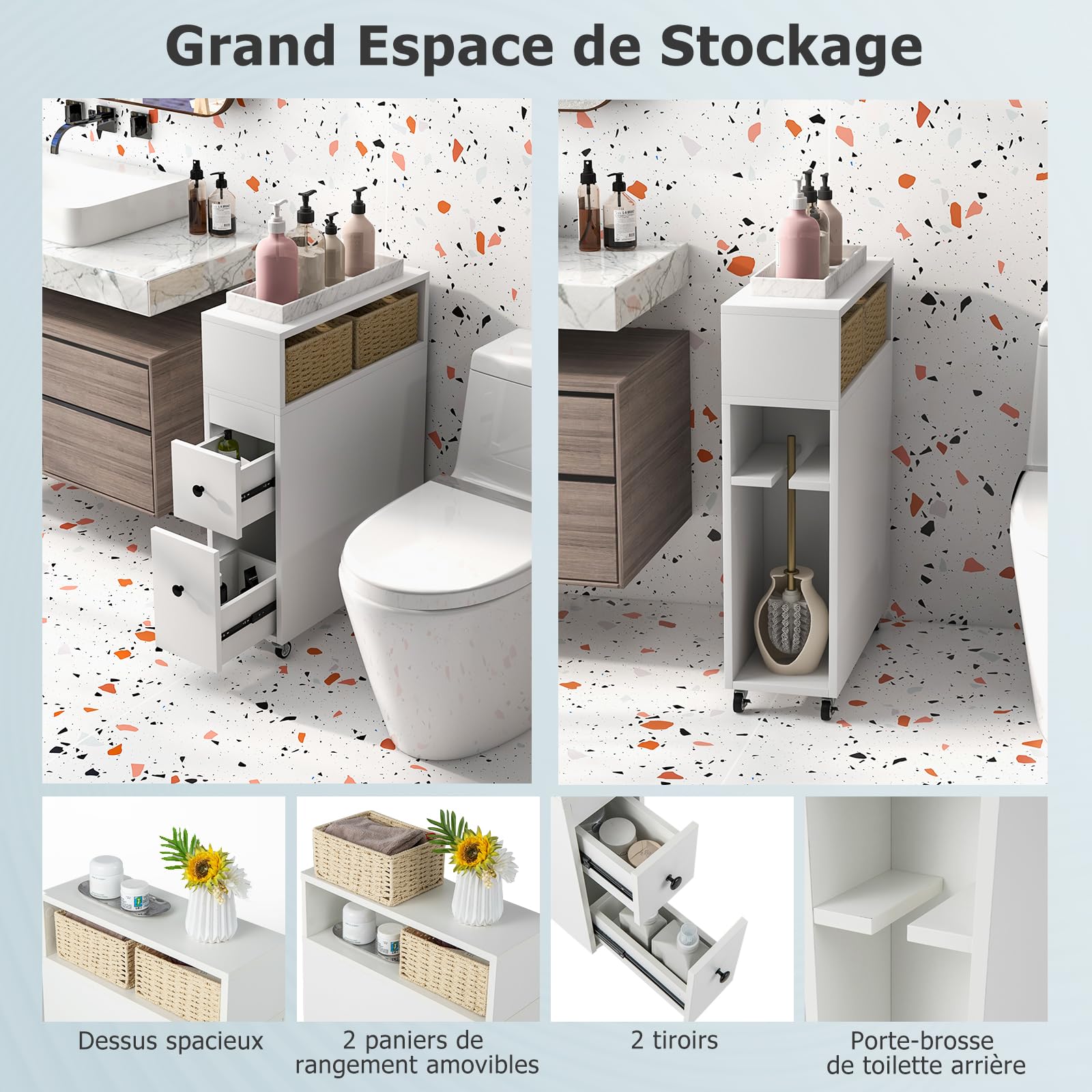GOPLUS Meuble de Salle de Bain Mince, 2 Tiroirs, 2 Paniers en Rotin, Meuble Emplacement pour Brosse de la Toilette, 50 x 19 x 72cm, Blanc