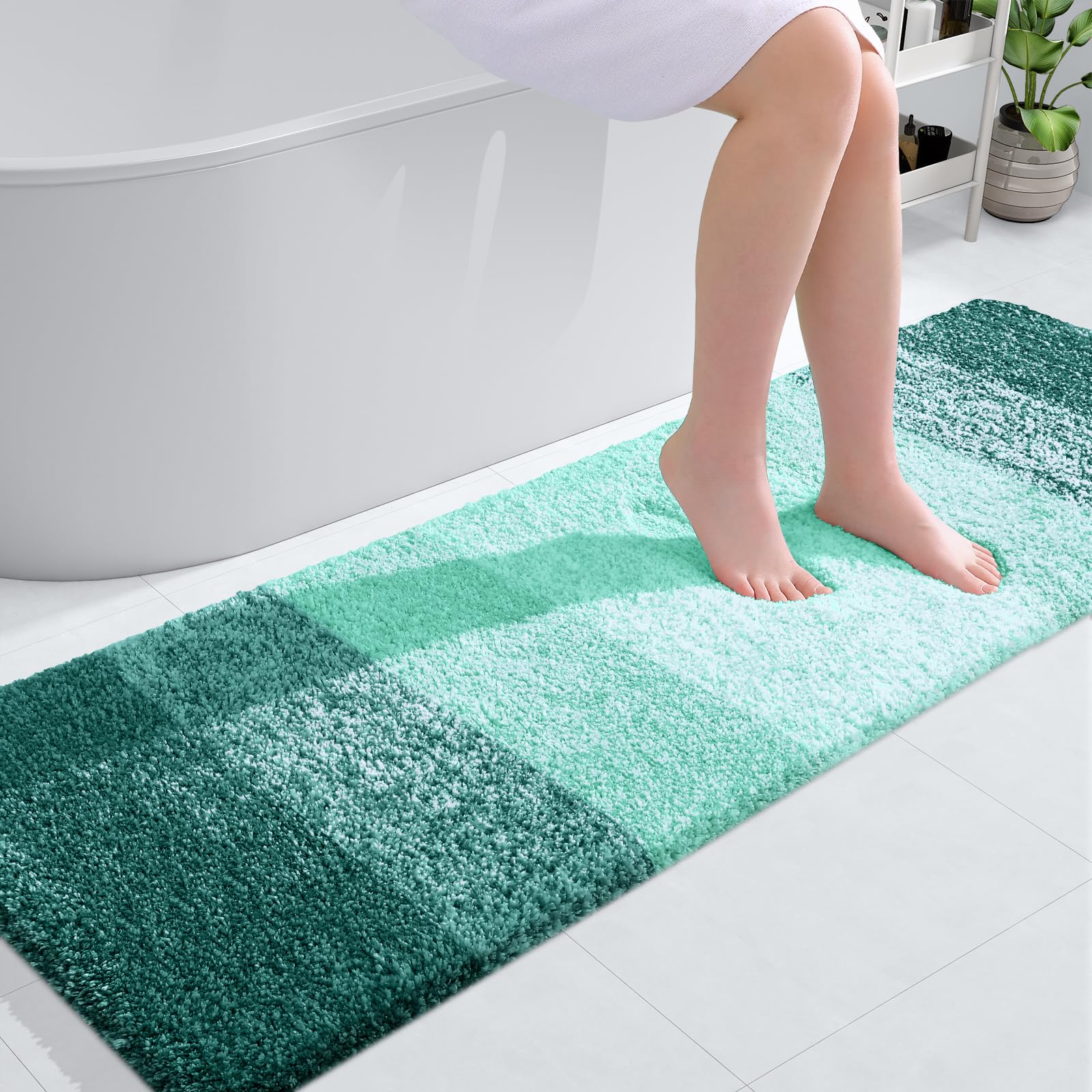 OLANLY Luxury Bathroom Rug Mat 59x20, Extra Soft and Absorbent Microfiber Bath Rugs, Non-Slip Plush Shaggy Bath Carpet, Machine Wash Dry, Bath Mats for Bathroom Floor, Tub and Shower, Blackish Green