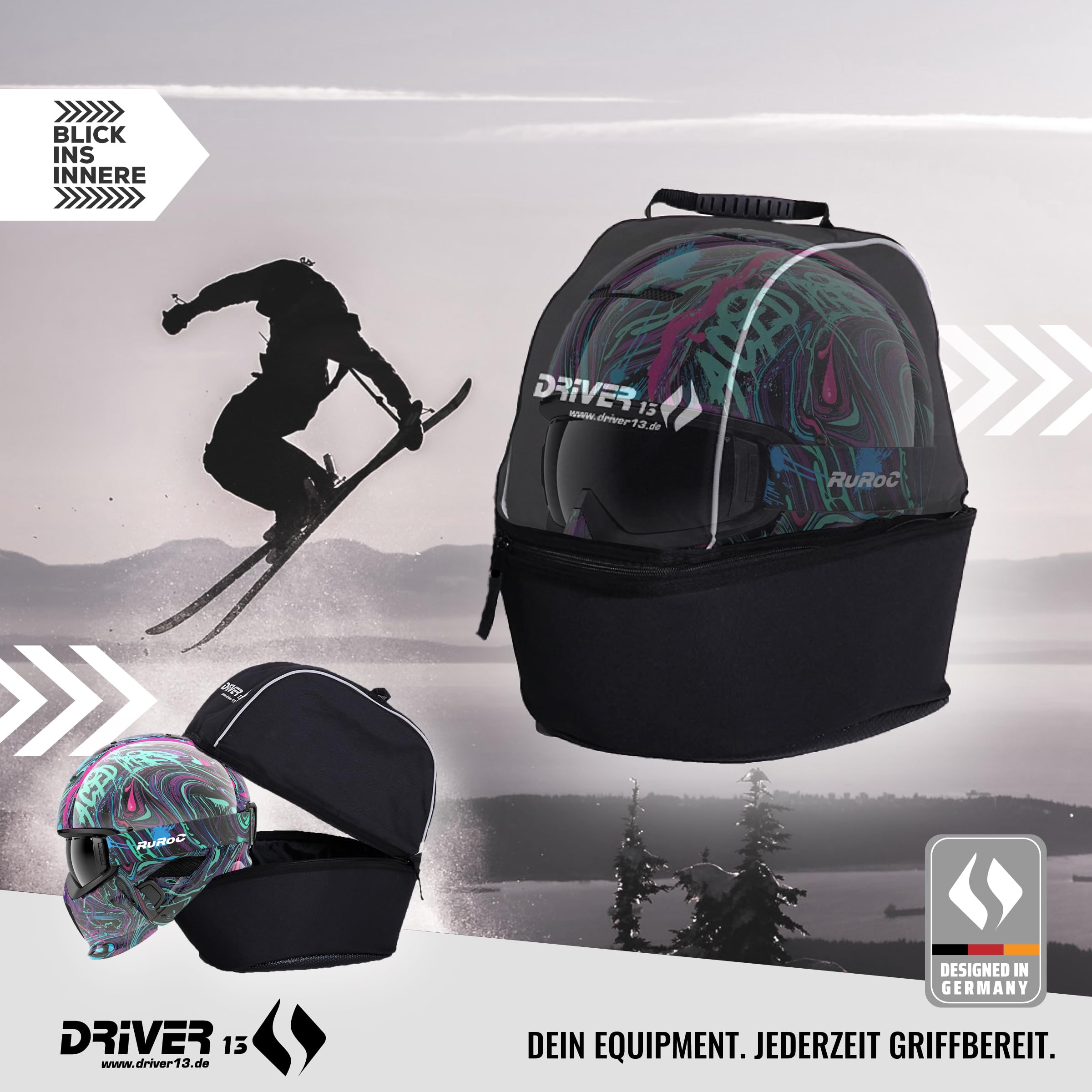 Driver13 Helmtasche XL für Wintersport- und Motorsporthelme, gepolstert, mit Visierfach und Belüftung, schwarz, 38 x 30 x 30 cm