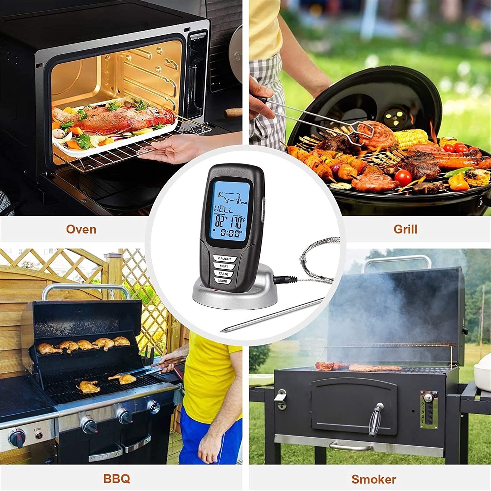 Termómetro de carne inalámbrica, termómetros de alimentos digitales remotos de 328 pies for el horno de la parrilla del fumador BARBACOA con la sonda y el monitor de temperatura del temporizador