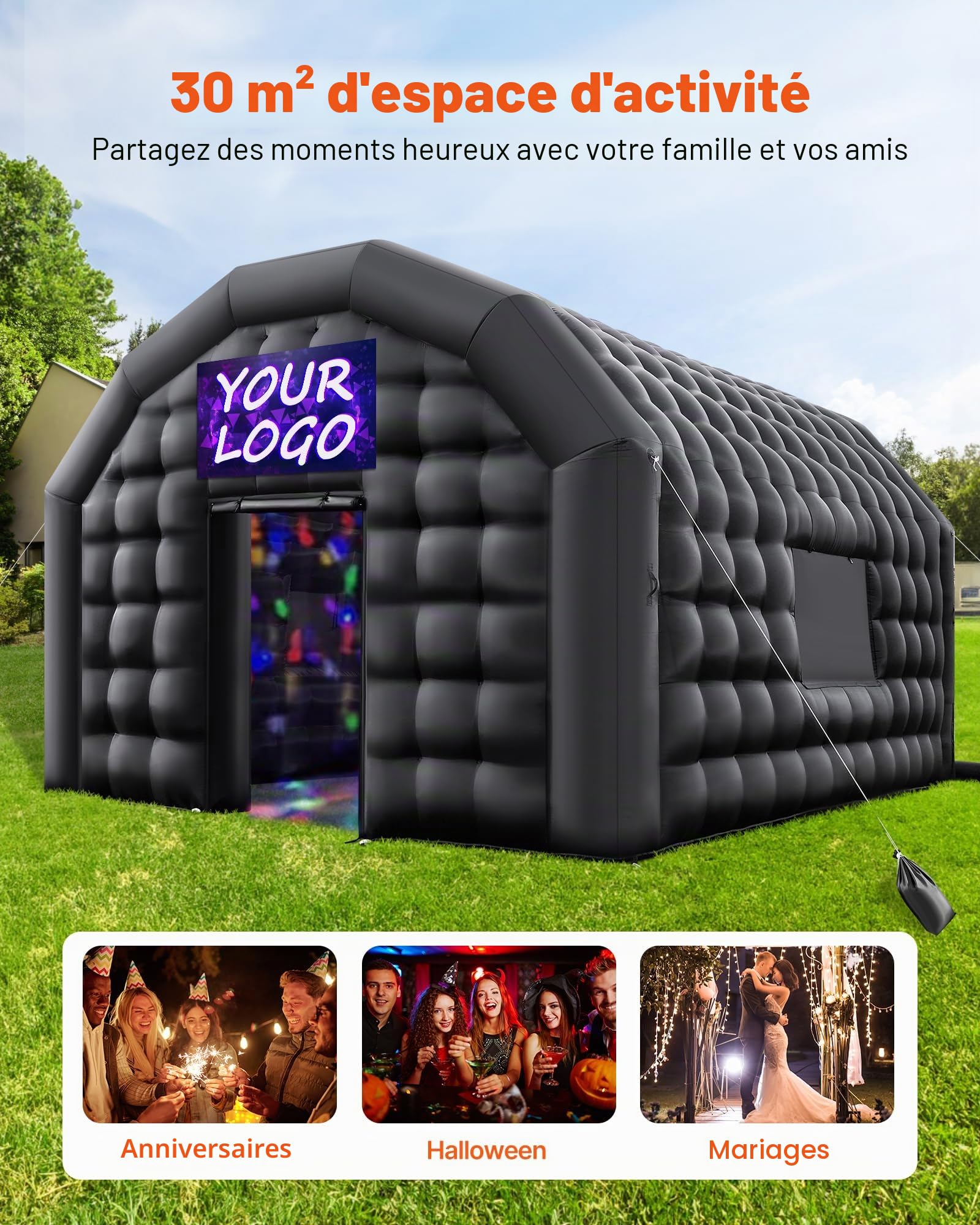 VEVOR Tente de Fête Gonflable, 6x5x3,65 m, Tente Cube Gonflable, Discothèque Boîte de Nuit Club à Gonfler avec Souffleur 680 W, Sac de Sable, 2 Fenêtres, pour Évènement, Anniversaire, Mariage, Noir