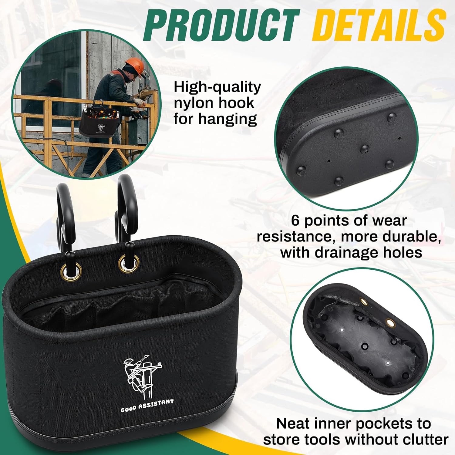 Vesici 1 Pcs Black Canvas Bucket Bag Including Hooks Aerial Oval Tool Bucket with Black Polypropylene Bottom 15 Interior Pockets Tool Organizer for Industrial Maintenance Construction Sites