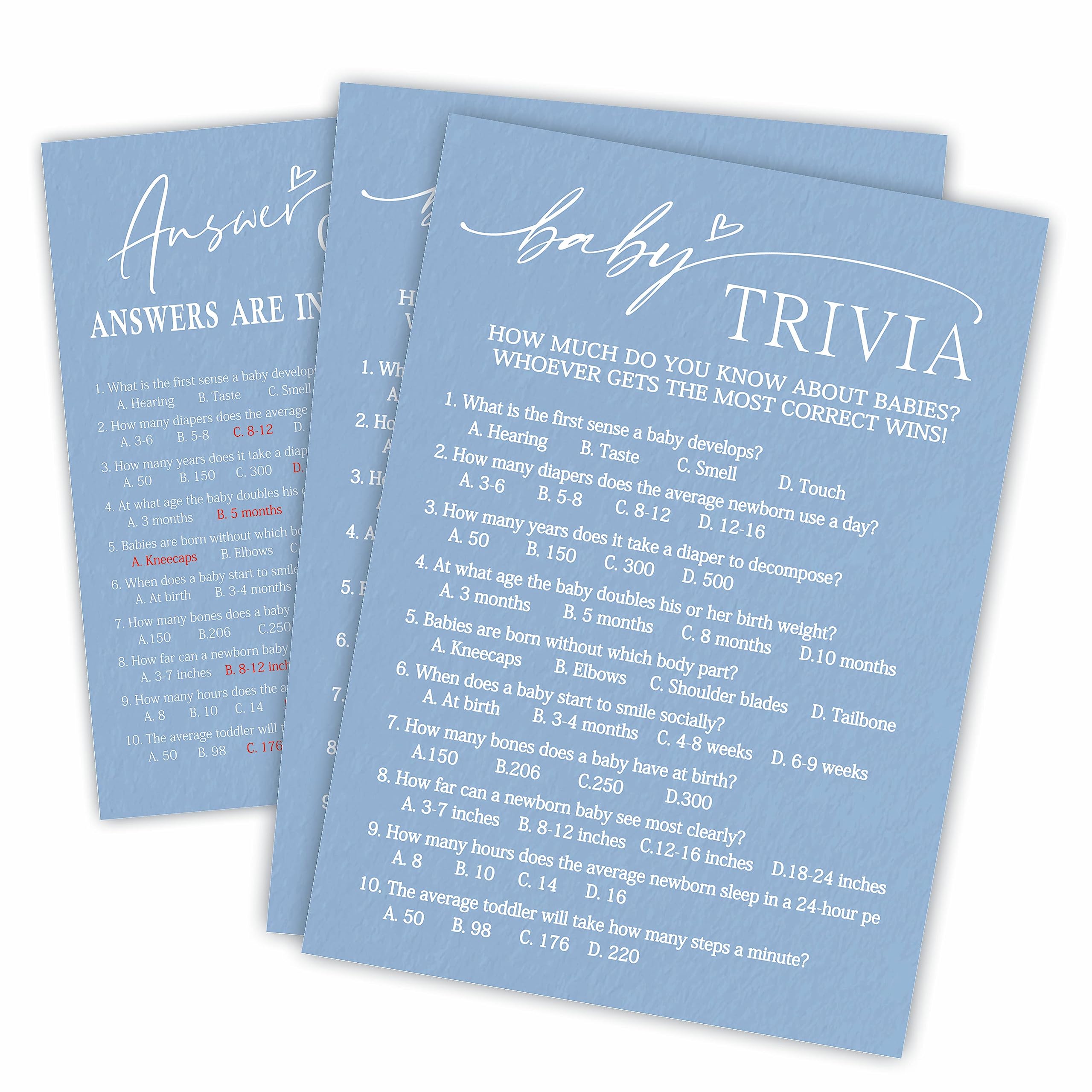 qyuvanbu Classic Baby Trivia Shower Game Kit - Minimalism Blue - 30 Fill in Game Cards & 1 Answer Card for Baby Shower, Gender Reveal Party Favor,
