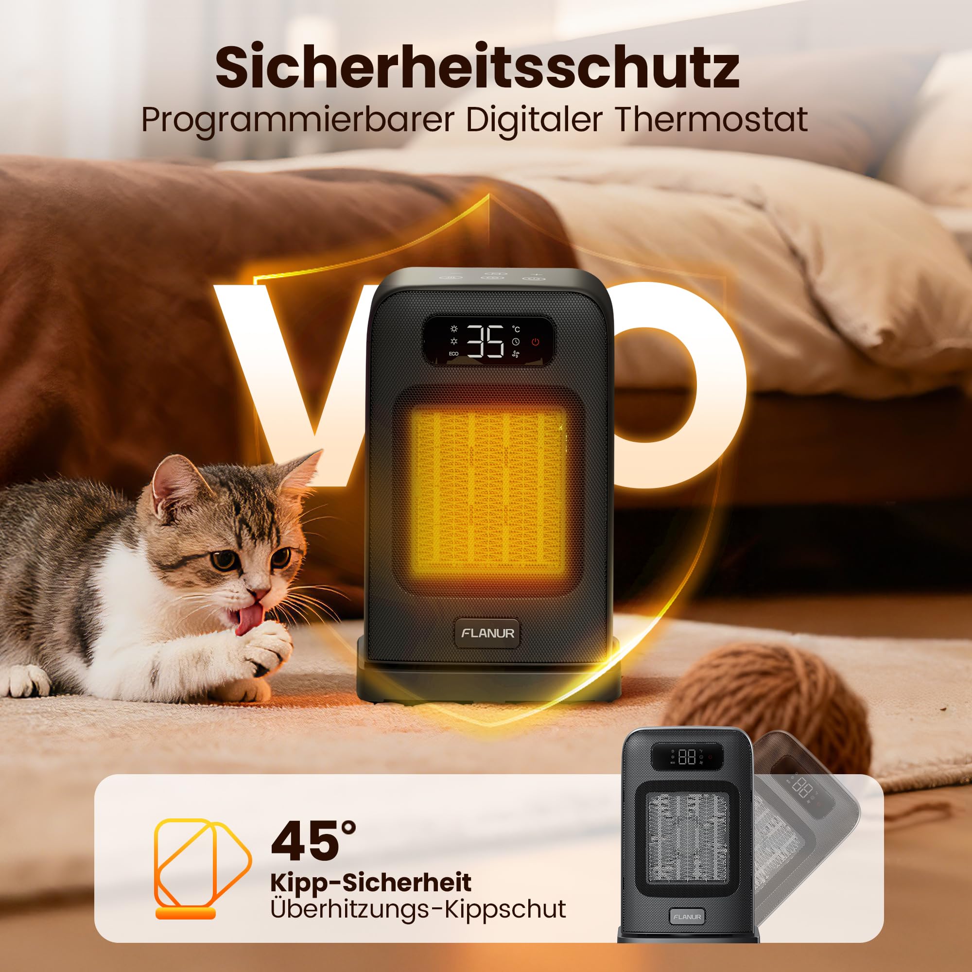 Heizlüfter Energiesparend, 1500W PTC Keramik Heizlüfter Leise, 26cm Elektroheizung mit Thermostat & Fernbedienung, ECO Modus, 70° Oszillation, 12h Timer, Überhitzungs-Kippschutz- Schwarz