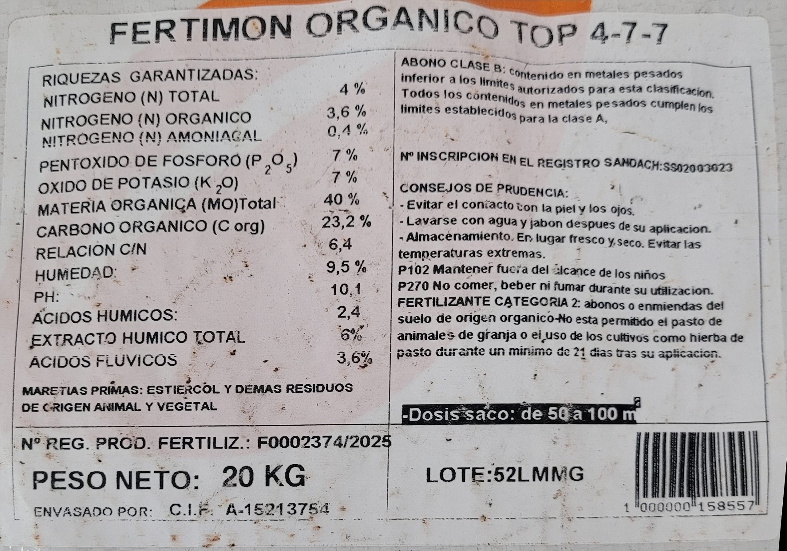 Peyca Fertimón orgánico Top 4-7-7 20kg abono Organo-Mineral