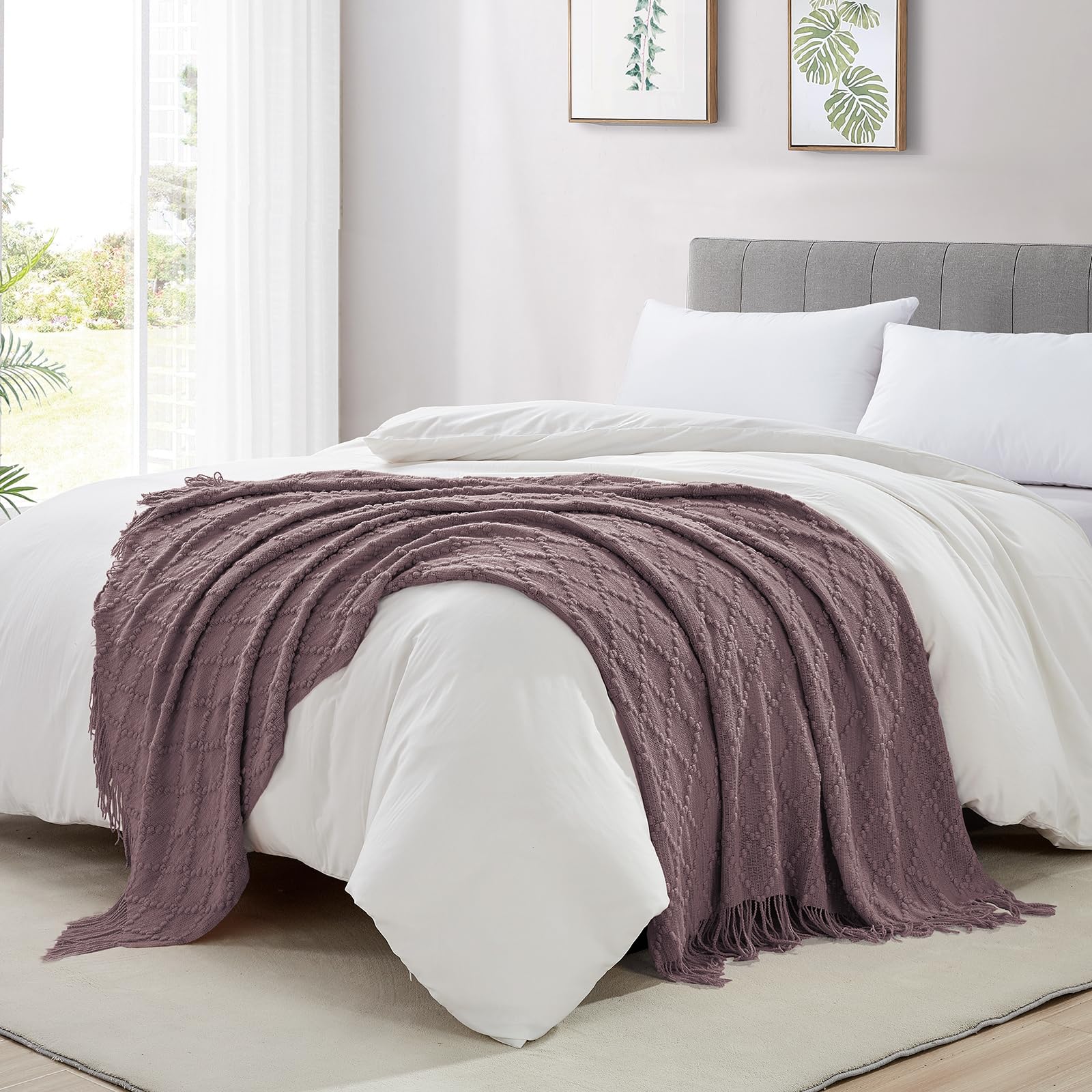 BOURINA Throw Blanket Textured Solid Soft Throws and Blankets for Sofa or Bed Knitted Decorative Blanket 127x178cm Dark Lavender - Image 3