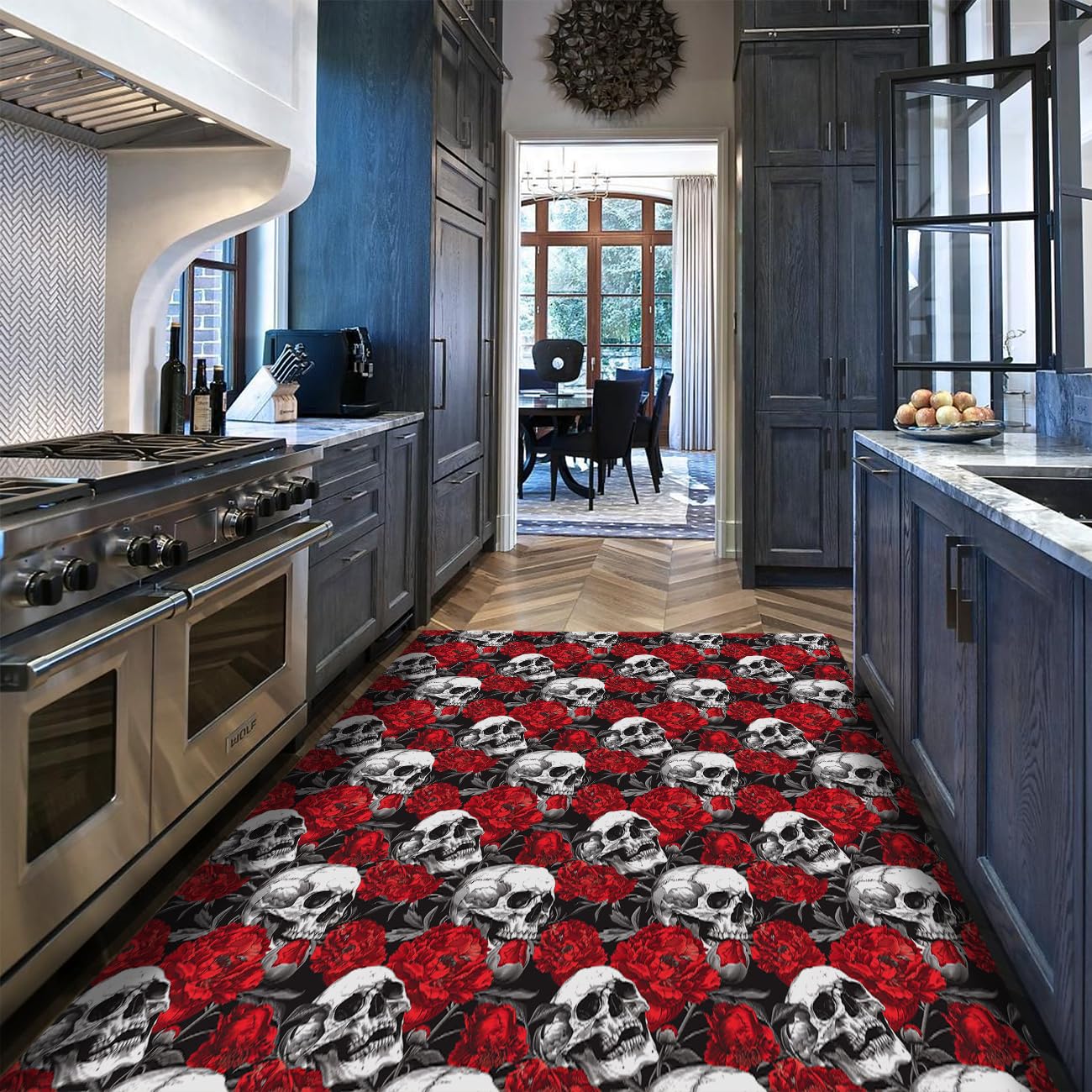 Tapis de cuisine lavable et antidérapant style skull rose